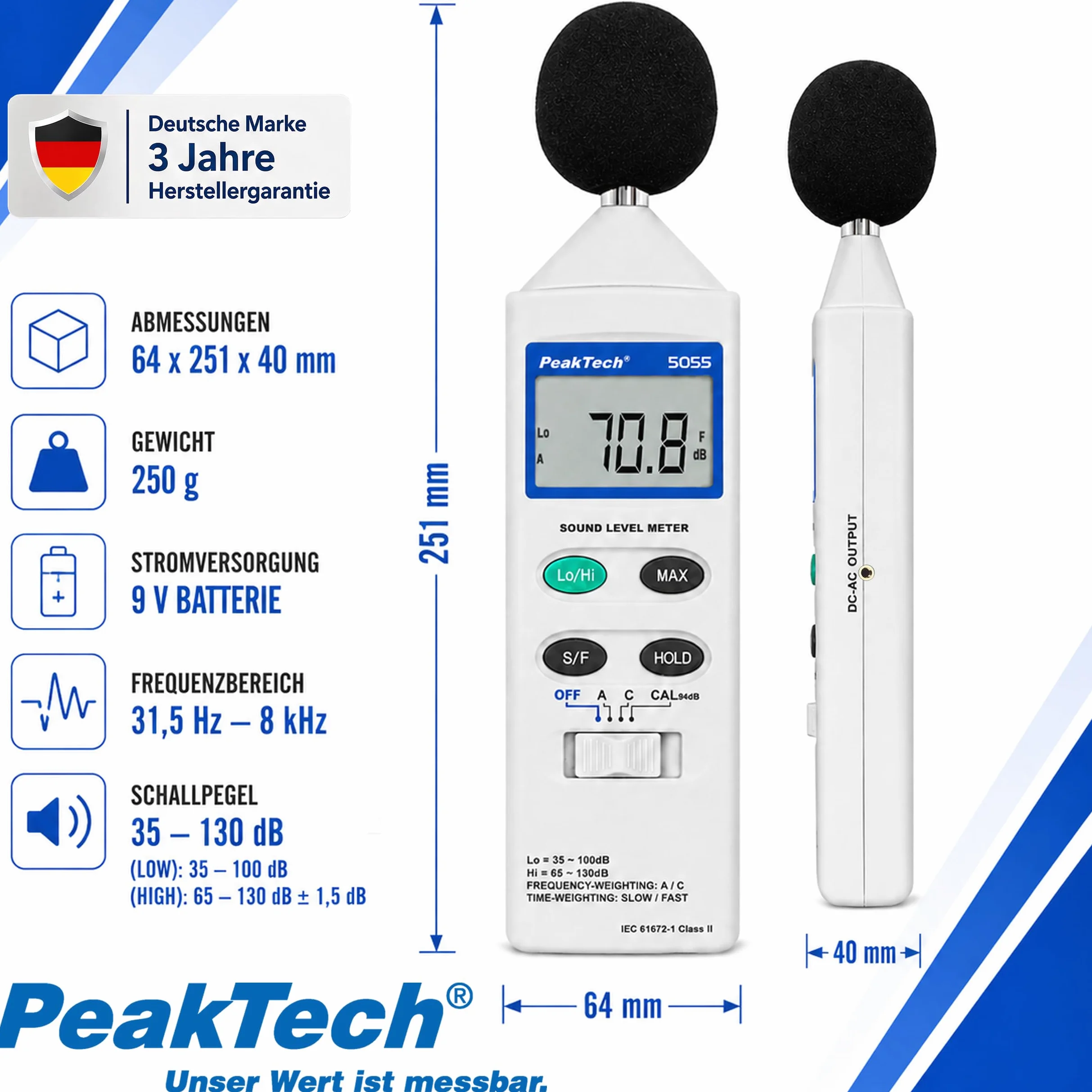 PeakTech 5055 Sonómetro Digital, Medidor de Ruido y Decibelios (dB), Pantalla LCD, Medición Precisa de Nivel de Sonido, Uso Profesional y Doméstico