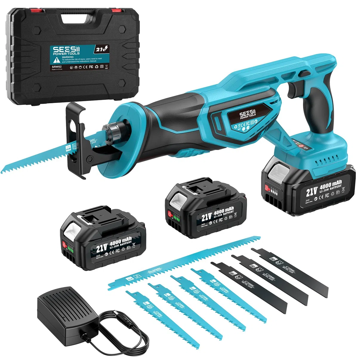 SEESII Sierra Sable, Sierra Alternativa de 2 Baterías 21V 4.0Ah, motor sin escobillas 3300 RPM, 8 cuchillas Para madera, metal, PVC, Obra y Jardín