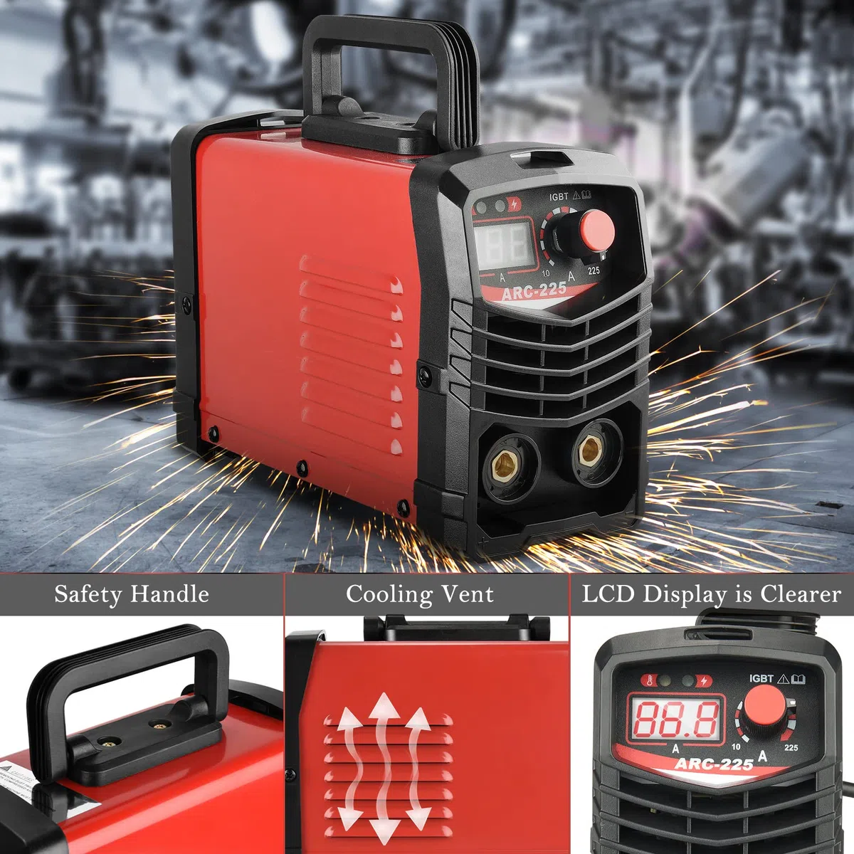 Soldador Inverter ARC 220V 225A, máquina de soldadura eléctrica portátil IGBT con pantalla digital LCD para soldadores y mantenimiento de diversos equipos (Rojo)