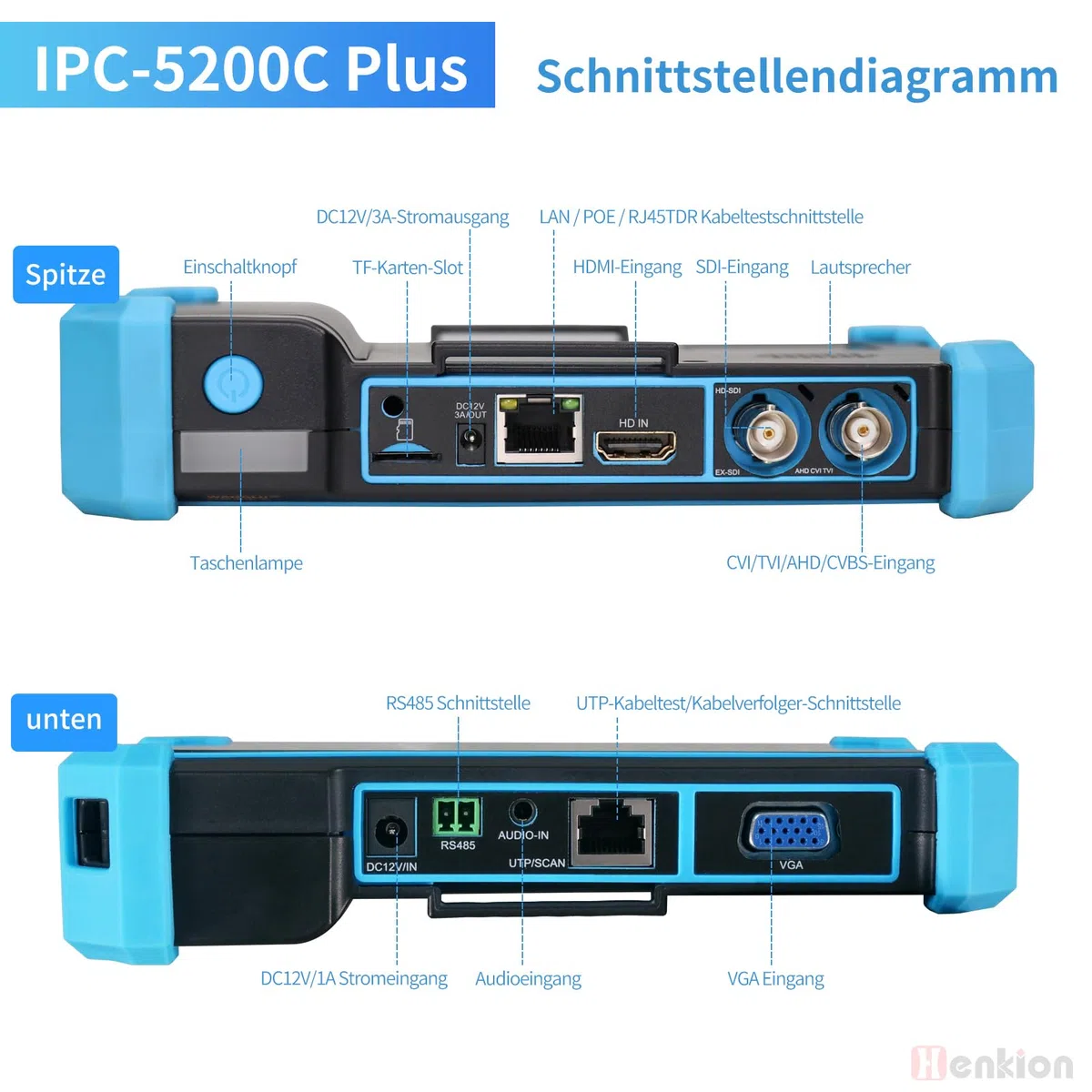 Henkion Probador CCTV IPC-5200C Plus Tester, Monitor con Pantalla Táctil IPS 5.4", 8MP AHD CVI TVI CVBS IP, Monitor de Video 4K H.265, Soporte PoE PTZ WiFi RS485, Rastreador de Cable, Entrada HDMI VGA