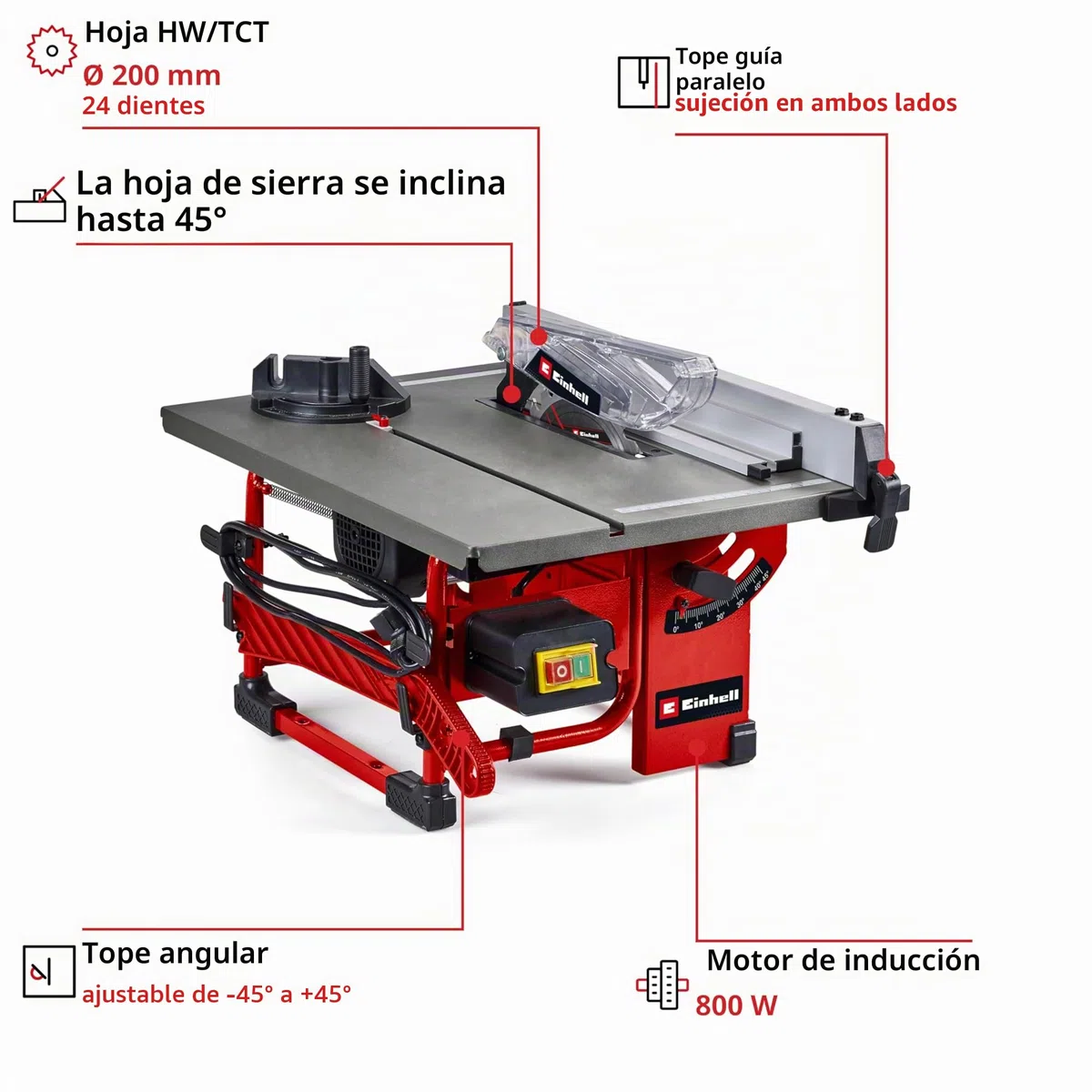 Einhell TC-TS 8 I - Sierra circular sobre mesa (800 W, altura de corte 45 mm, hoja Ø 200 mm, tope de ángulo, tope paralelo, conexión para aspiradora, con cuchilla de carburos de tungsteno)
