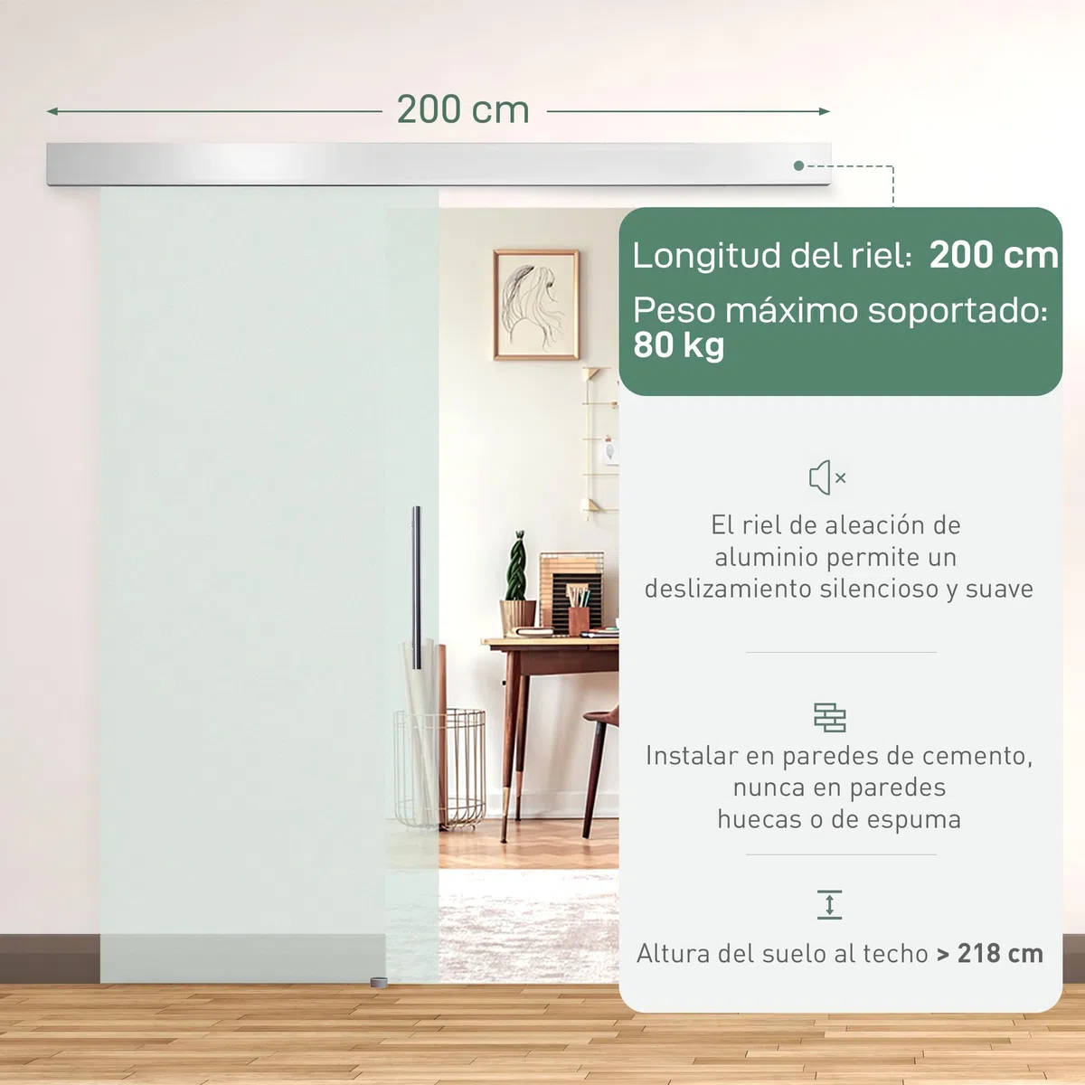 HOMCOM Puerta Corredera 77,5x205 cm Puerta Corrediza de Cristal con Riel Silenciosa para Sala de Estar Comedor Translúcido