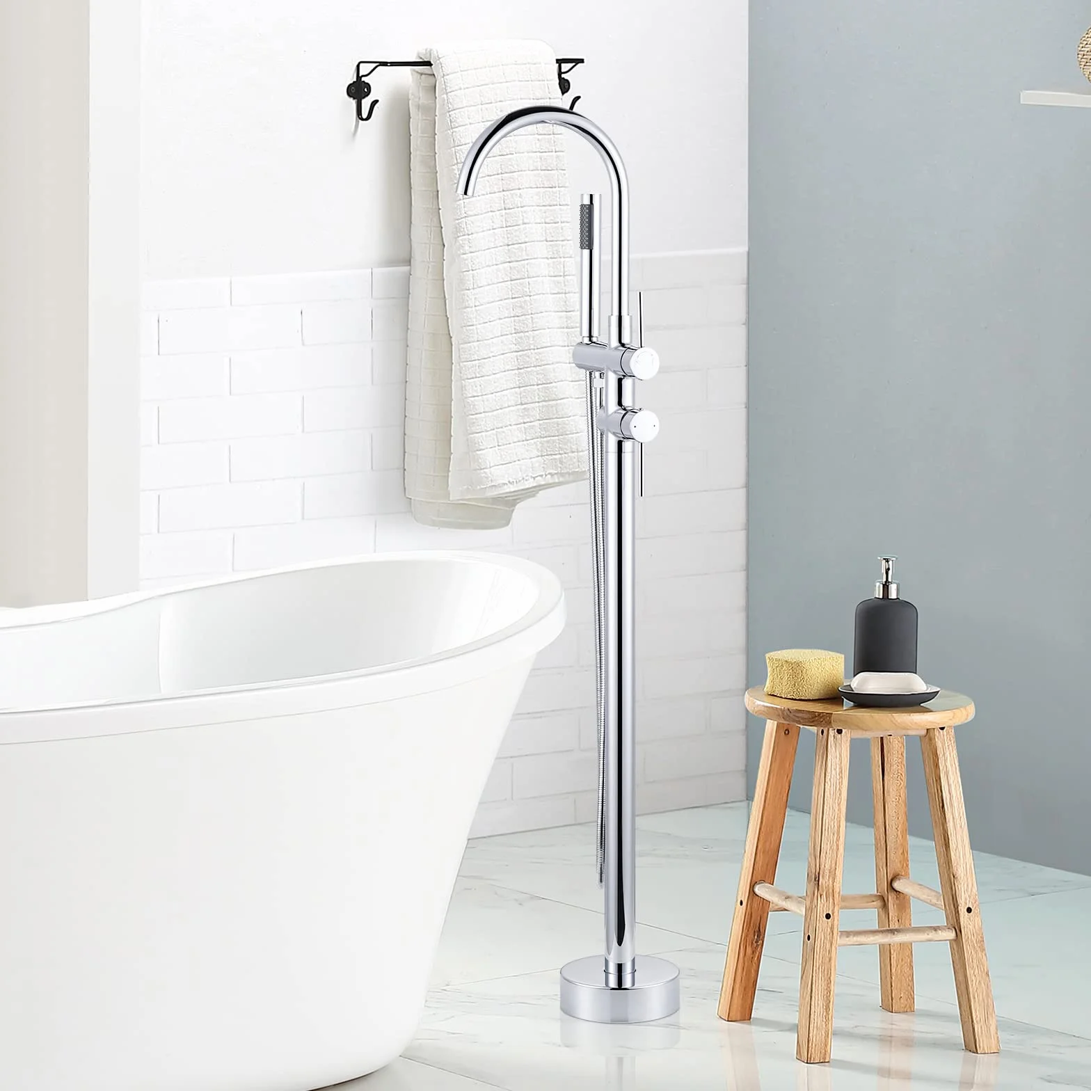 ARCORA Grifo Bañera Suelo con Ducha Giratorio 360° Cobre Acero Inoxidable Cartucho Cerámico Cromo