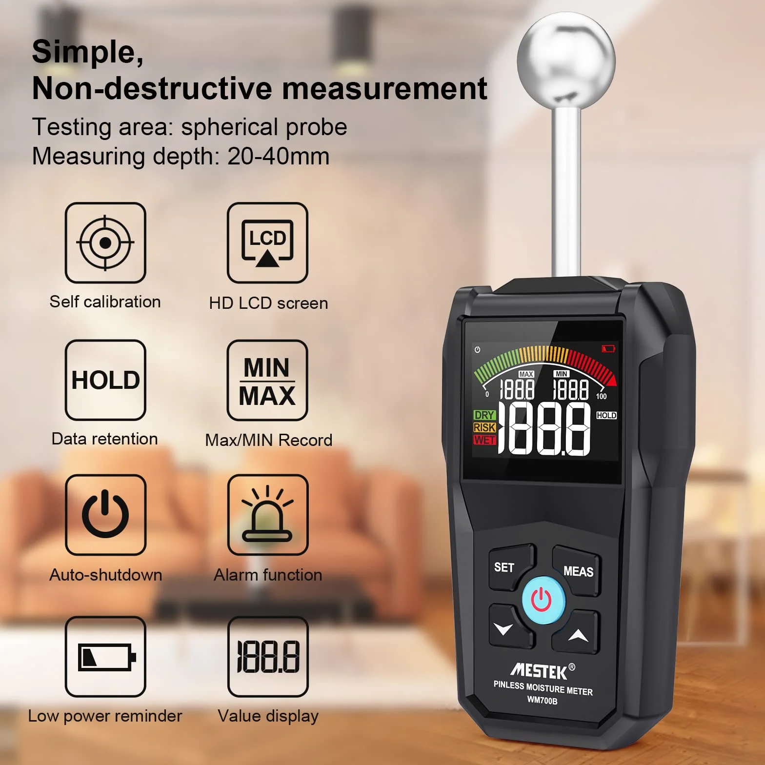 Medidor de Humedad MESTEK Humidímetros 20-40mm Digital sin Pin Detector de Humedad Portátil Humedad Medición Pantalla LCD Alarma para Madera, Paredes, Hormigón, Ladrillo y Materiales de Construcción
