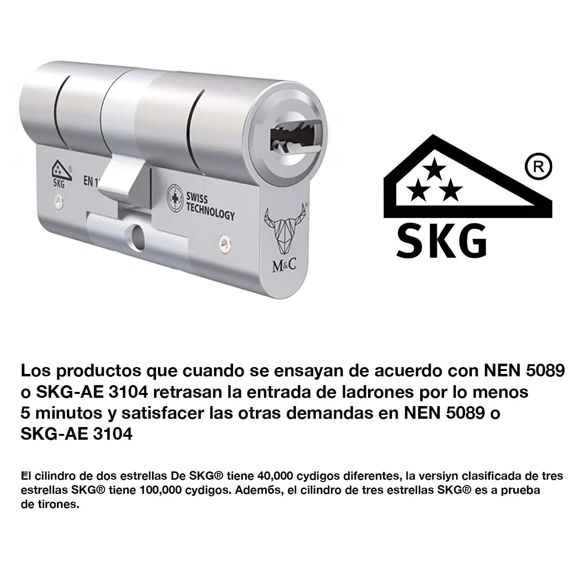 M&C Move Bombín Cerradura Alta Seguridad Anti Topolino Leva Larga Doble Embrague Seguridad Máxima SKG 3 Estrellas 32x32mm Anti Bumping Anti Taladro Níquel Pulido 5 Llaves Incluidas