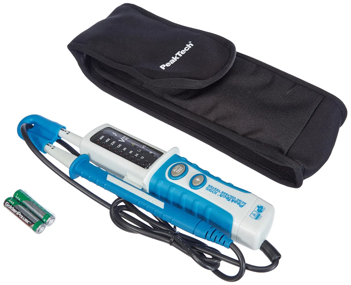 PeakTech 1095 – Probador de voltaje de CA/CC de 2 polos con pantalla LED, protección contra polvo y agua (IP64), voltaje de CC y CA, probador de continuidad, voltímetro de 12V - 690V