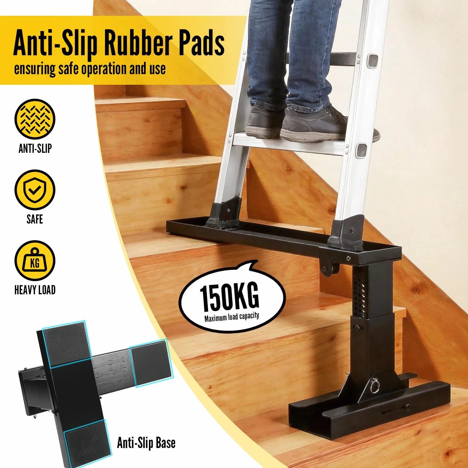 SWAWIS Plegable Extensor de Escalera de Acero Altura Ajustable 23,5-39cm, Nivelador de Escalera con Alfombrilla Antideslizante, Capacidad de Peso 150 kg, Dimensiones de Plataforma 54x13cm