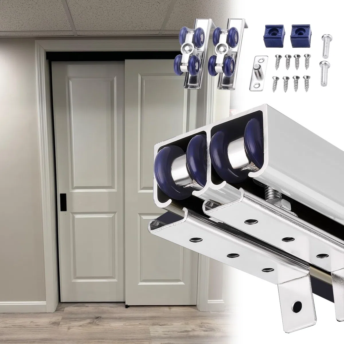 Herrajes Puertas Correderas Kit de Herrajes para Puertas Corredizas de Doble Hoja, Riel de Aluminio para Puerta Corrediza de Armario, Kit de Puerta Corrediza Empotrada Resistente con Rodillos(Silver,6