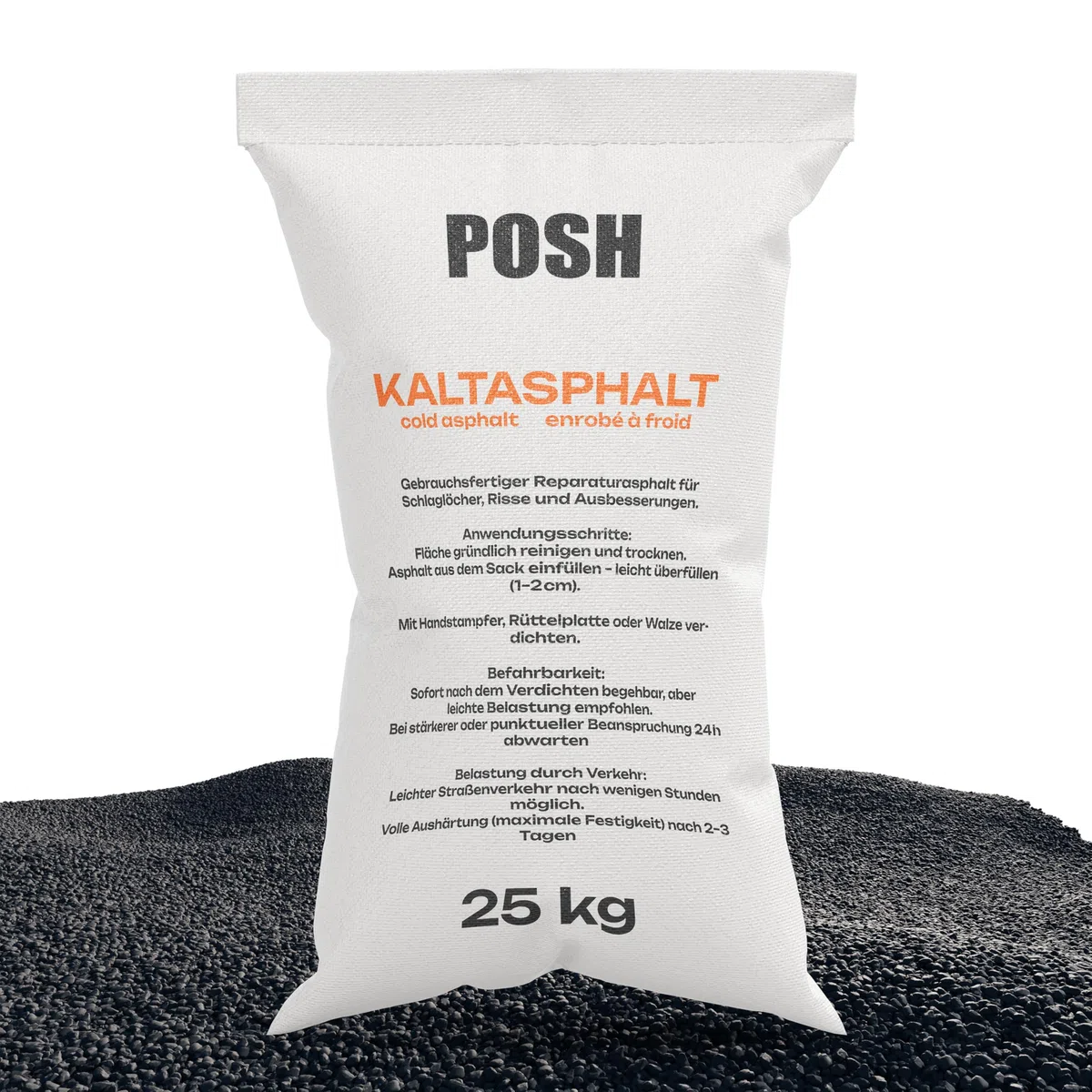 POSH Asfalto en frío 10 x 25 kg – Reparación de grietas de asfalto listo para usar – con un grano de 0 – 8 mm – Pintura bituminosa – Uso universal