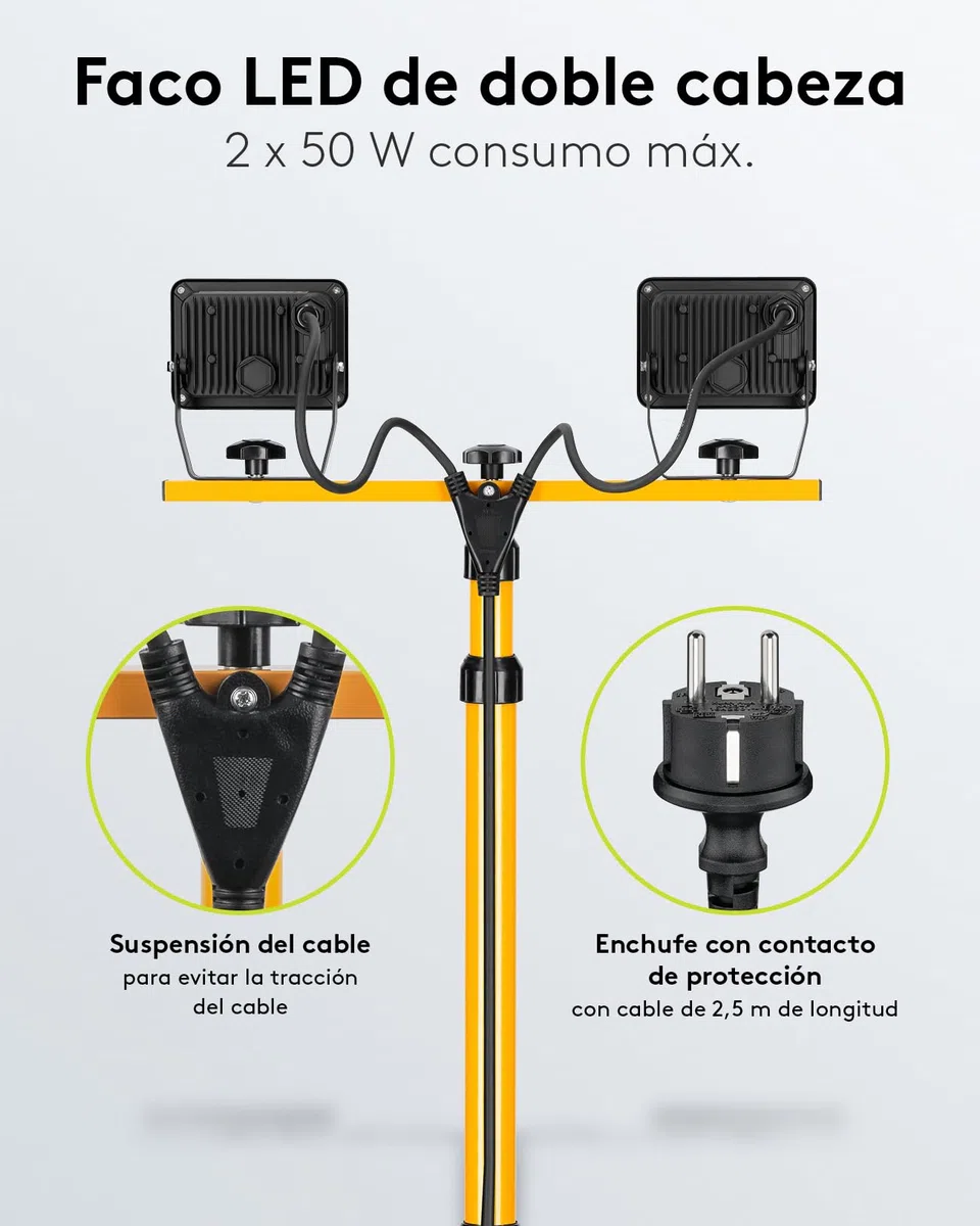 goobay Foco LED para Obras 49984-Foco construcción telescópico (Doble Cabezal, para Uso en Interiores y Exteriores, trípode de Metal, luz Blanca fría), Negro, Amarillo, 2x 50 Vatios