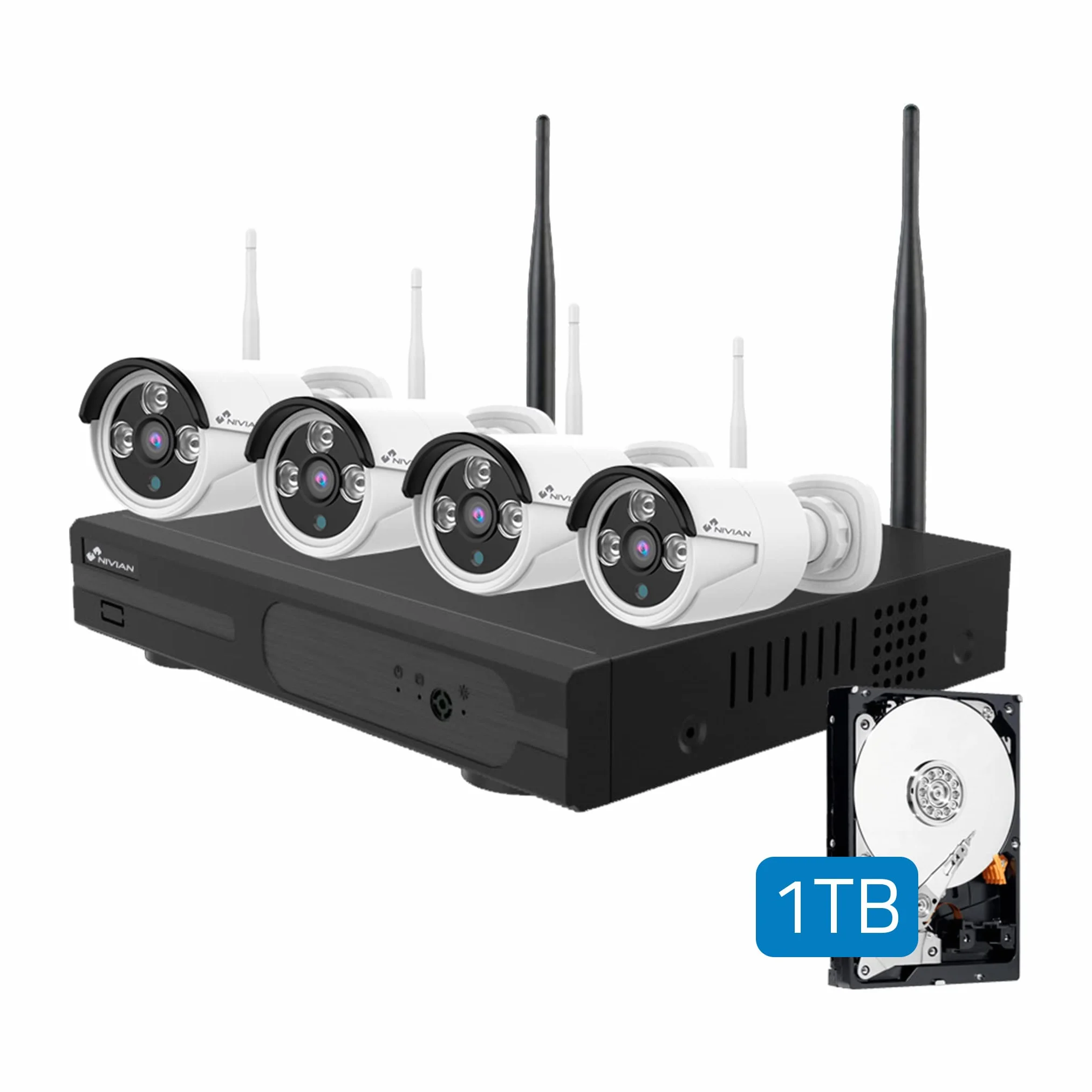 Nivian Kit de Cámaras de Vigilancia WiFi 2K con Grabador 4CH y 4 Cámaras Exterior Impermeables IP66,Visión Nocturna, Detección de Movimiento, Fácil Instalación Sin Cables, Notificaciones en App