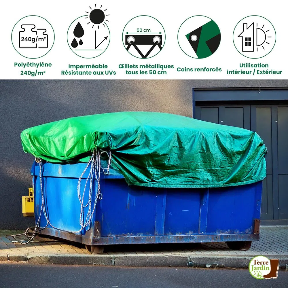 TERRE JARDIN - Lona de protección Exterior, 5 x 8 m - Lona Impermeable, Ultra Pesada y Resistente, Polietileno 240 g/m², Anti UV - Lona para leña, Sitio - Ojales de Aluminio