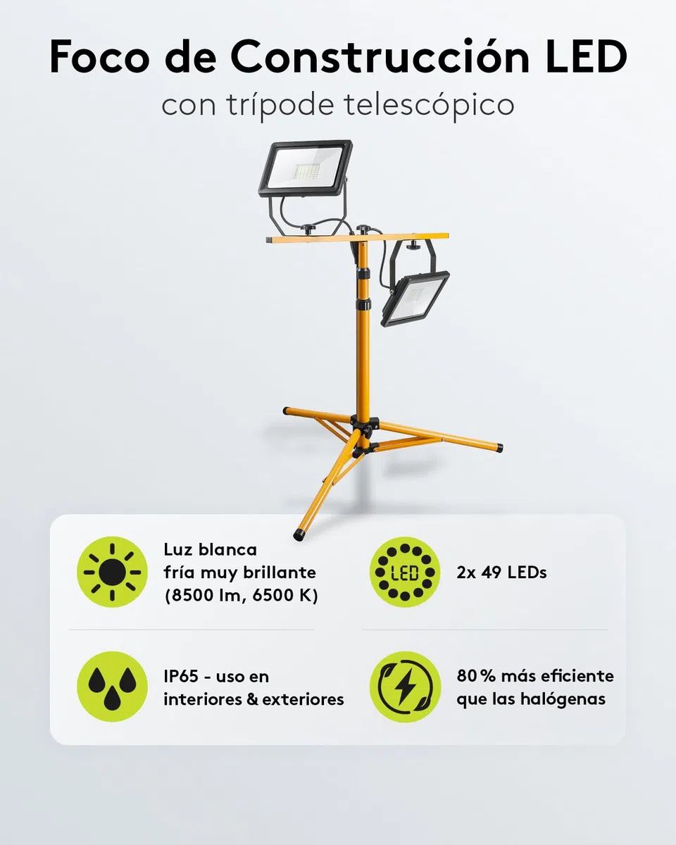 goobay Foco LED para Obras 49984-Foco construcción telescópico (Doble Cabezal, para Uso en Interiores y Exteriores, trípode de Metal, luz Blanca fría), Negro, Amarillo, 2x 50 Vatios