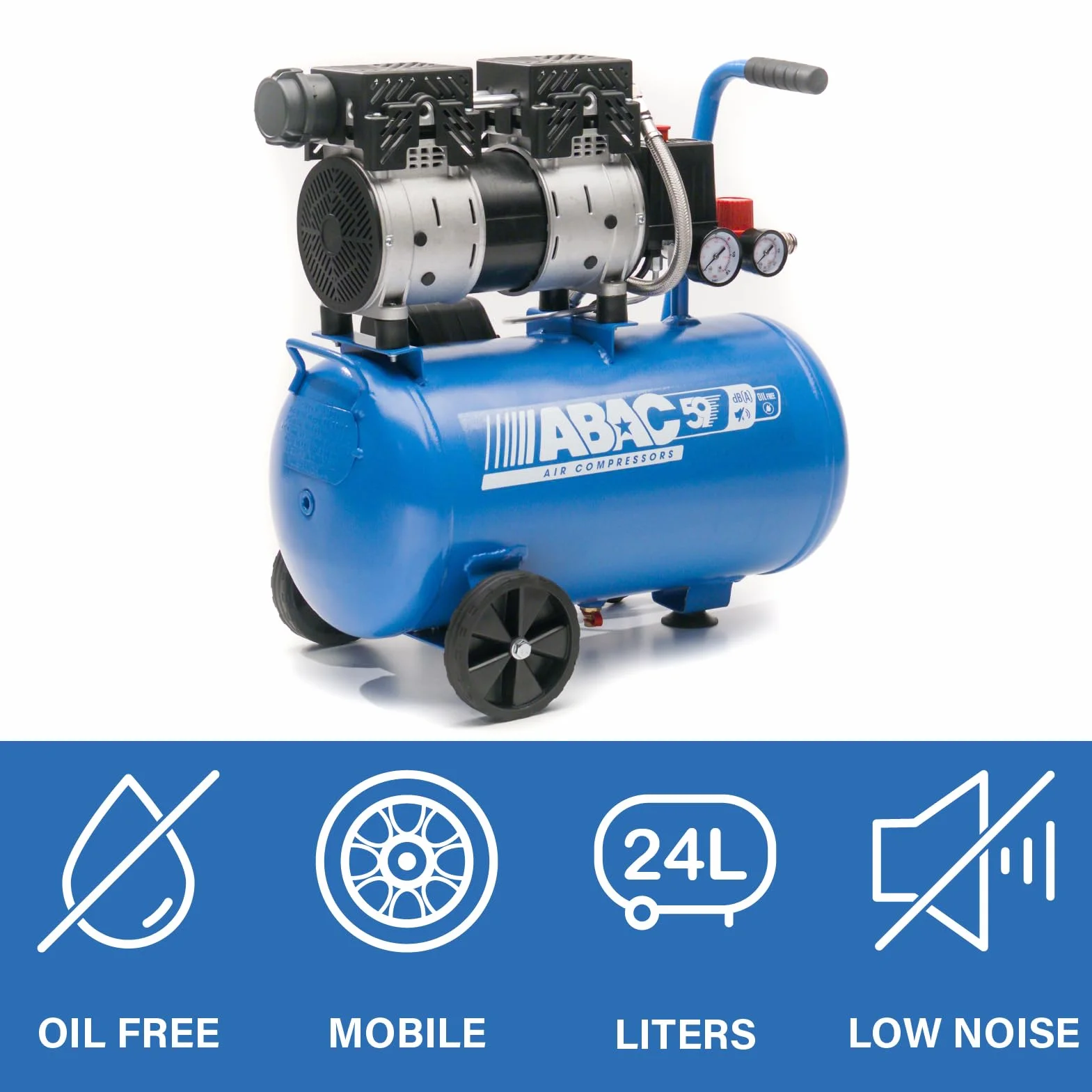 Compresor de aire silencioso EASE-AIR 24 de ABAC, compresor de aire sin aceite, presión máxima 8 bar, potencia 1 hp, Depósito 24 litros, Nivel sonoro 59 dB