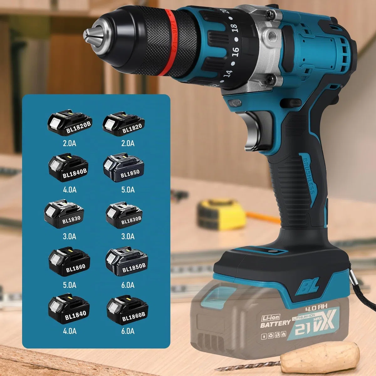 Taladro inalámbrico Compatible con Makita 18 V batería (sin batería), taladro de impacto sin escobillas 1350 RPM, 20+3, 120 N.m, 13 mm, destornillador