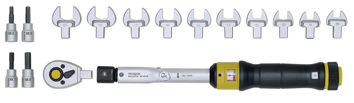 Proxxon MicroClick 23341 - Llave dinamométrica MC 60 (12-60 Nm, llave inglesa, cabeza de carraca 3/8", incluye puntas de destornillador)