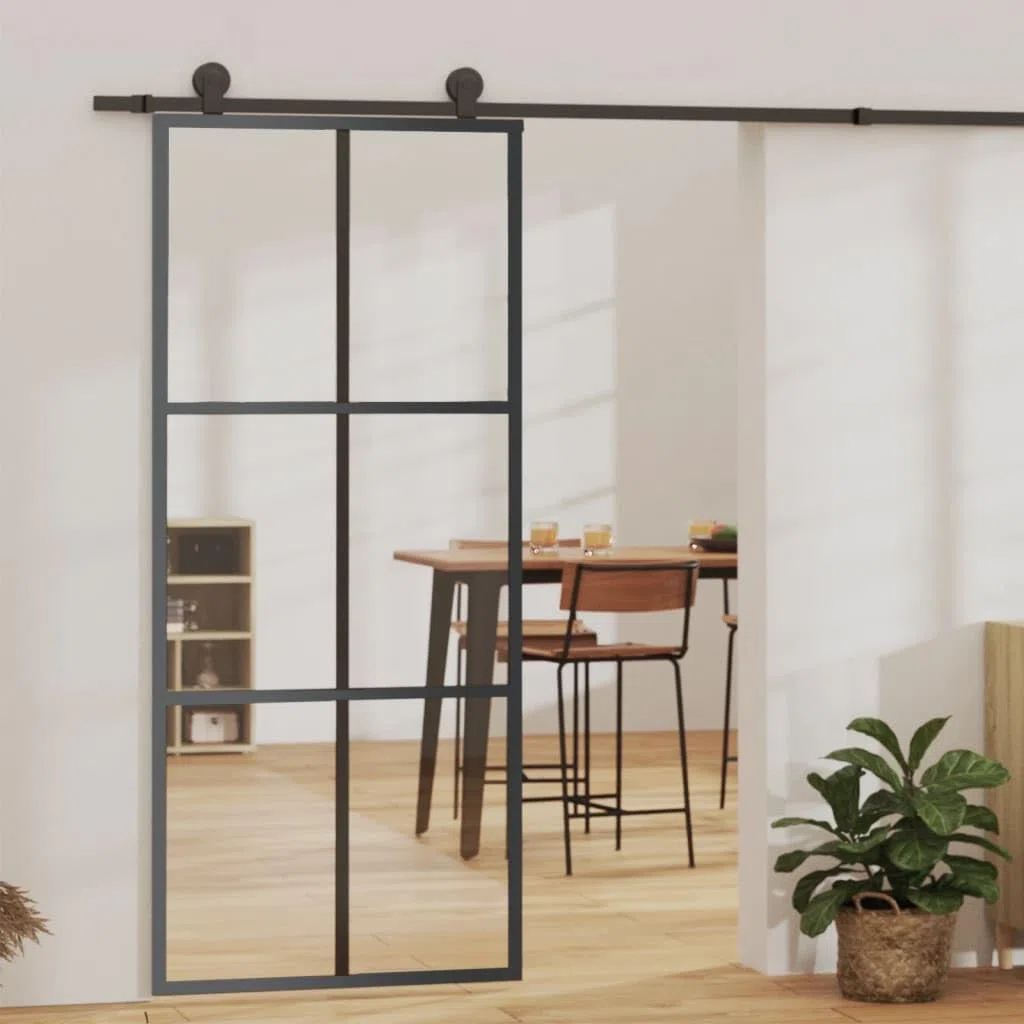 vidaXL Puerta Corredera con Herrajes Entrada Corrediza Deslizante Hogar Cuarto de Baño Salón Sala de Estar Habitación ESG Vidrio y Aluminio 90x205 cm