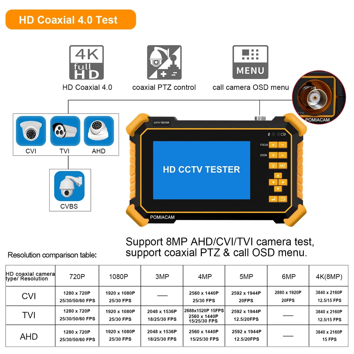 CCTV Tester Monitor HD-2900 Pantalla TFT LCD de 4.3 "4K 8MP CVI TVI AHD CVBS Video analógico HD Probador de cámara coaxial Batería incorporada de 4000 mAh Potencia de salida DC12V