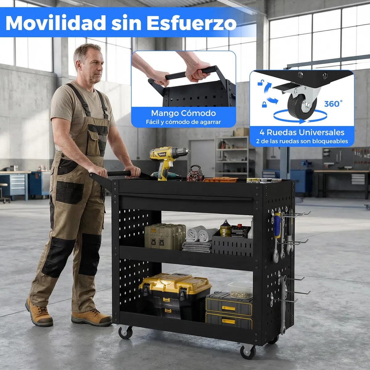 COSTWAY Carro Herramientas de 3 Niveles, Organizador de Herramientas con Cajón, 2 Tableros Perforados y 8 Ganchos, Marco Metálico, Almacén Garaje Taller, 80 x 35 x 73 cm