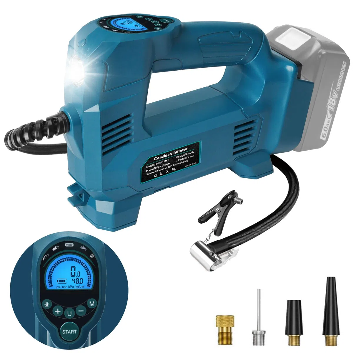 QUPERR Compresor de aire portátil compatible con baterías Makita 18V, Inflador inalámbrico hasta 10,3 bar con luz LED y parada automática para coche, moto, bicicleta, pelotas (sin batería)
