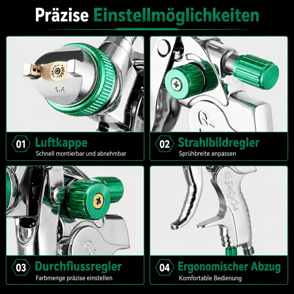 Pistola Pintura HVLP con Compresor, 4 Boquillas (1.4/1.7/2.0/2.5 mm), Pistola Pulverizadora Profesional por Gravedad con Vaso de 600 ml - para Coche, Madera, Paredes - Verde