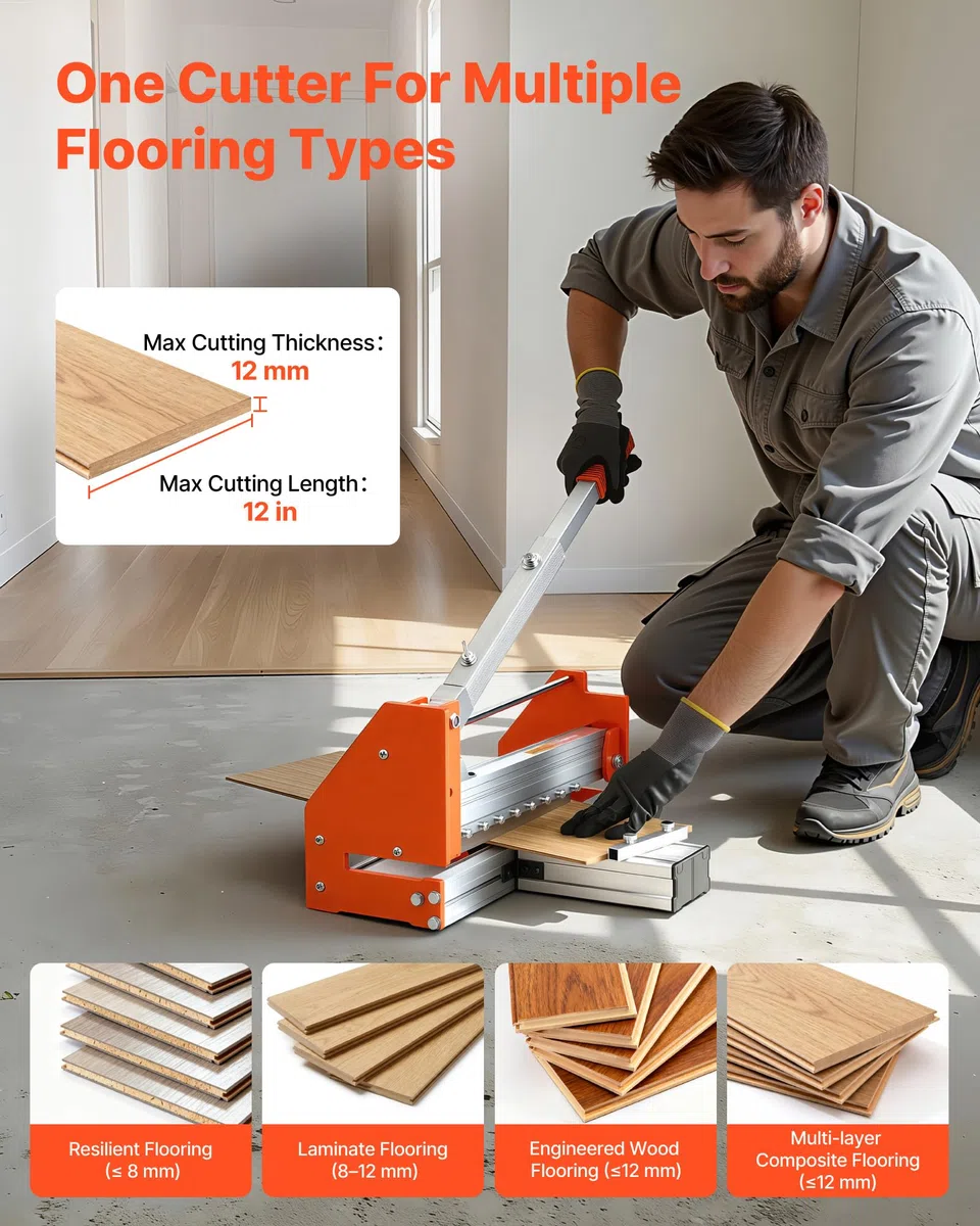 VEVOR Guillotina para Laminado, Cortador de Suelo, Corte Máximo 304,8 mm, Espesor 12 mm con Cuchilla D2, Guía de Ángulo, Palanca de Aluminio, Soporte Telescópico para Piso Vinilo SPC LVP LVT VCT WPC