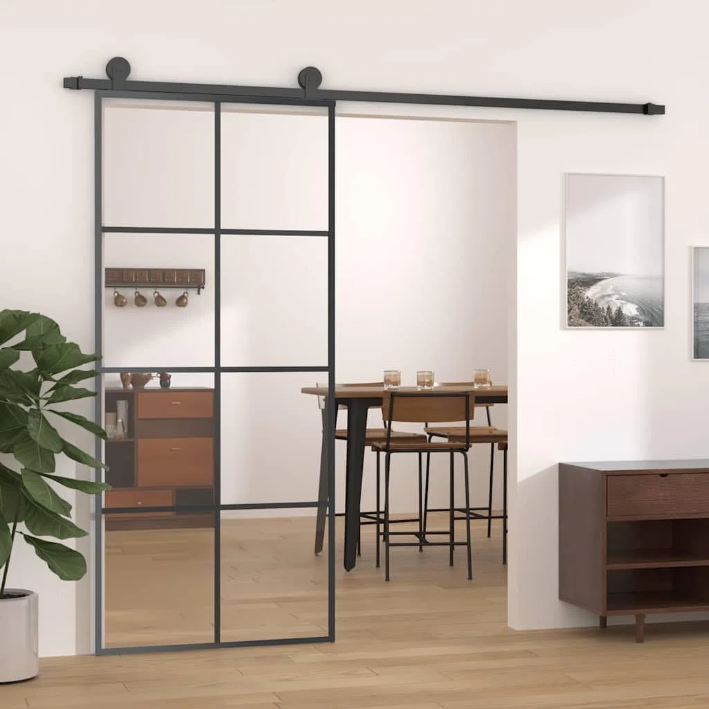 Puerta corredera ESG vidrio y aluminio negro 90x205 cm