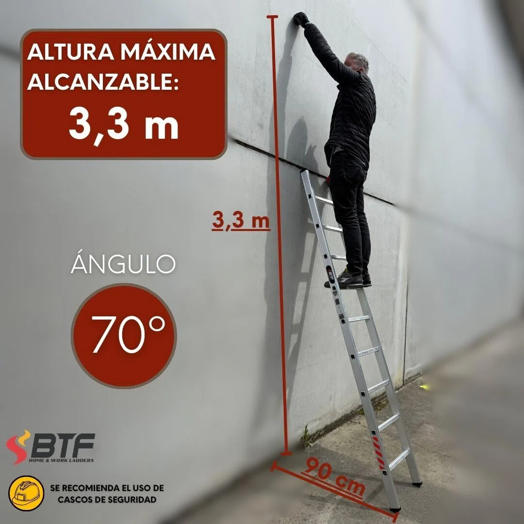 BTF Escalera de Apoyo en Aluminio - Escalera Simple 9 Peldaños, 2,5m, 1 Tramo, Ligera y Resistente, Certificada Carga Máx. 150 kg, Ideal para Obra y Hogar, Norma EN131.