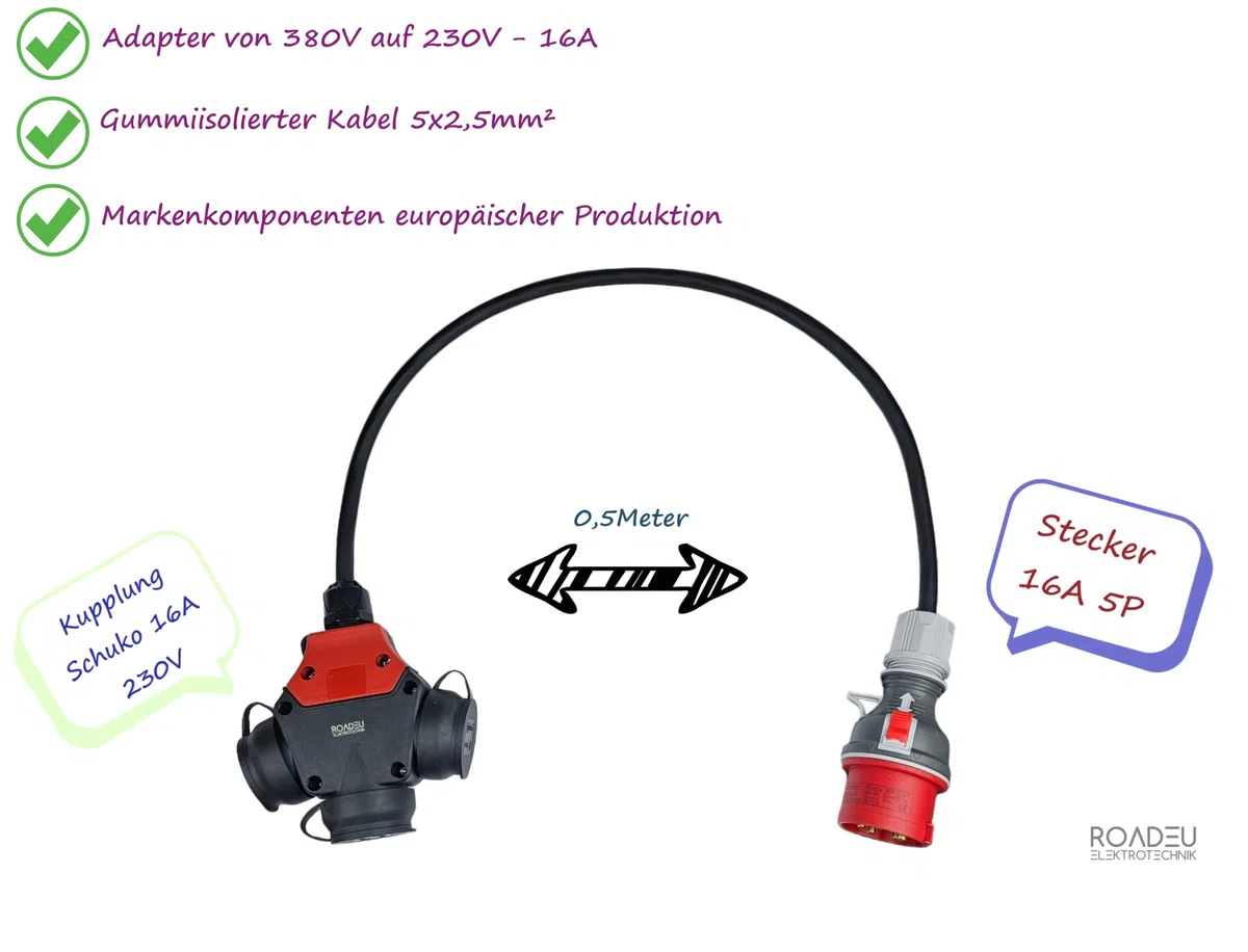 RoadEu - Adaptador CEE Schuko 380V a 220V, 16A Regleta De 3 Enchufes Schuko 220V. Cable Alargador 0,5m y 5,5 mm. Ideal para talleres, garajes u Obras