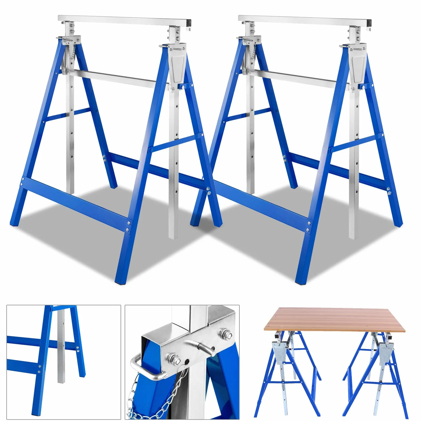 2 x Andamios de 200 kg de carga, caballete plegable de metal, altura de trabajo variable de 800 - 1300 mm, altura regulable,Blanco