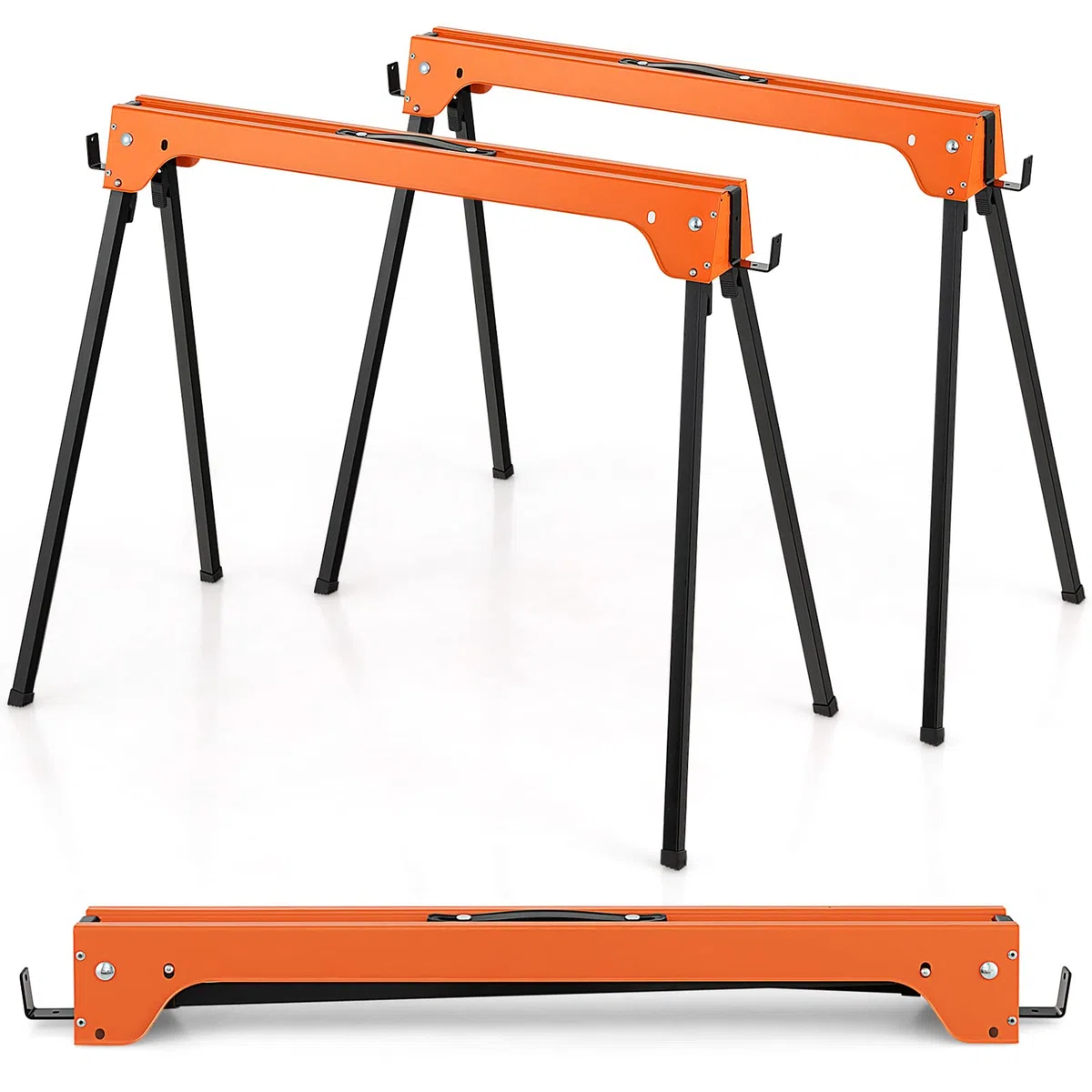 COSTWAY Juego de 2 Caballetes Plegables, Juego de Mesa de Trabajo Plegable de Hierro, 2 Caballetes para Mesa con Brazos de Soporte Desmontables, Amarillo 92 x 48 x 74 cm (Naranja)