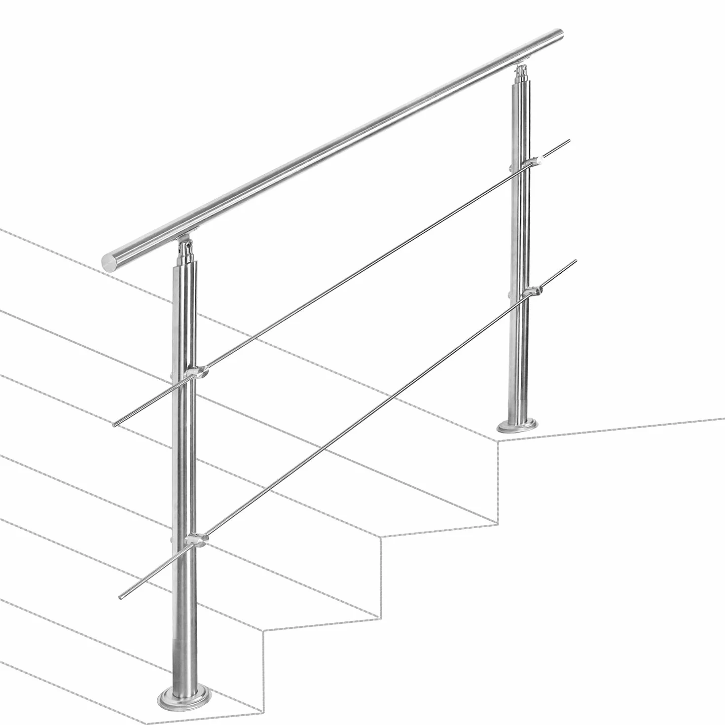 Barandilla de acero inoxidable, pasamanos para escaleras, 120 cm, con 2 travesaños y accesorios para escaleras, parapeto, balcón