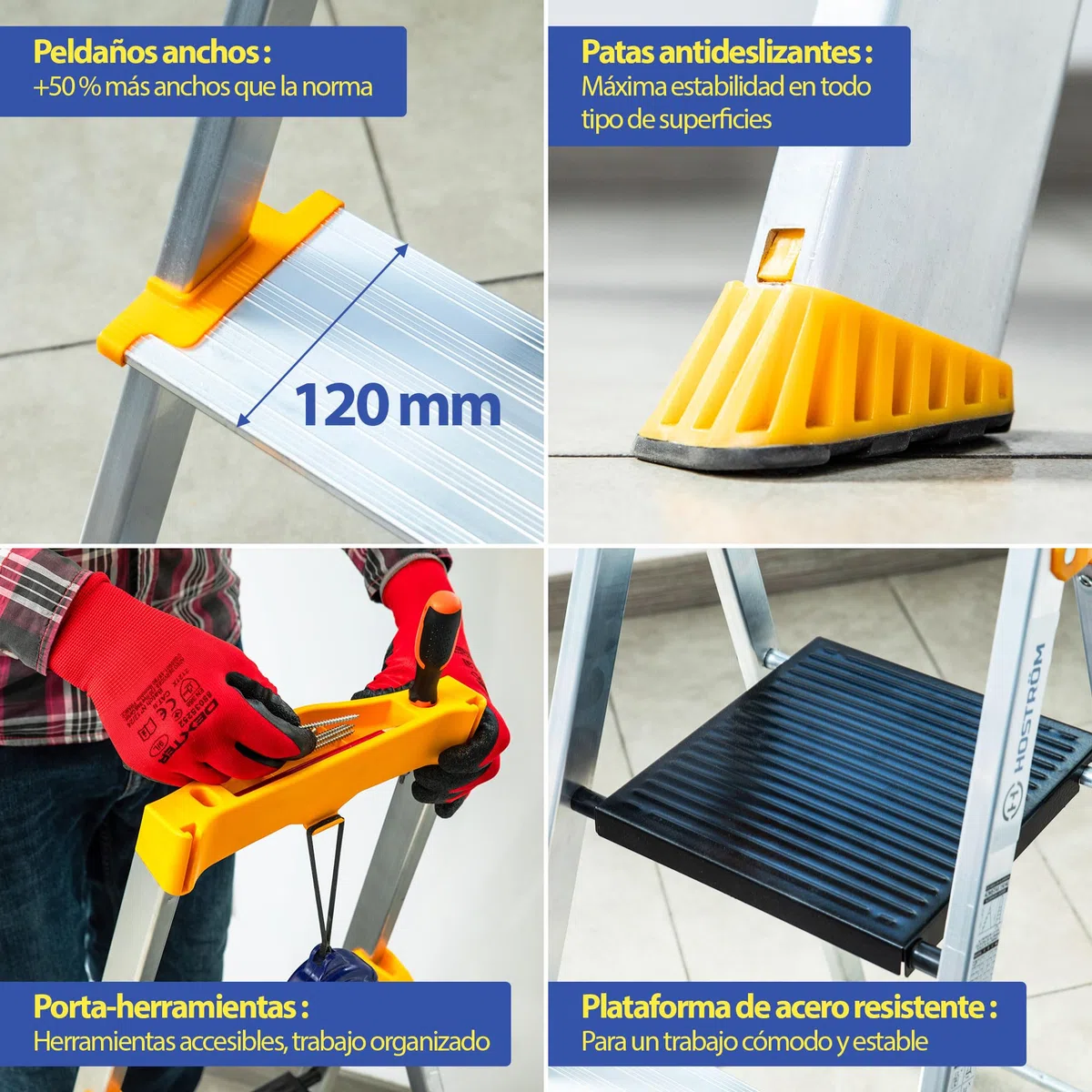 HOSTRÖM Escalera 5 peldaños de Aluminio, Taburete Plegable con Bandeja portaherramientas, peldaños 12 cm, Uso doméstico y Profesional, garantía 5 años.