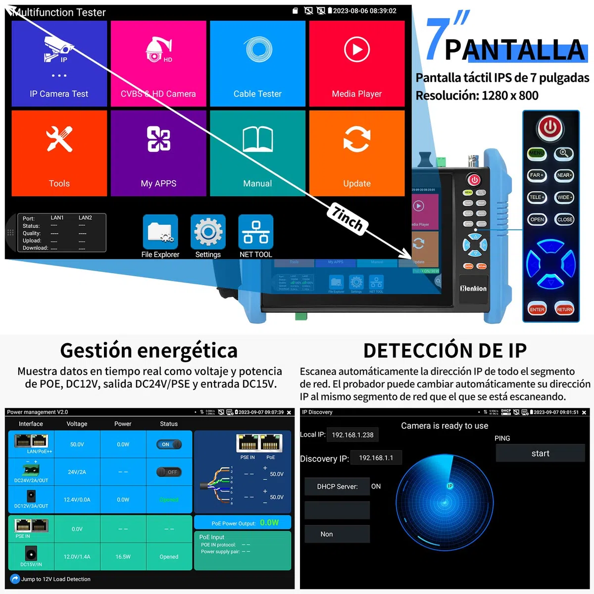 Henkion Probador de Cámara CCTV Monitor, Tester IP 8K 32MP 4K 12MP con PoE++ 90W, Pantalla Táctil IPS 7" Probador de Cables Herramientas de Red con Interfaz SFP IPC-9800CPro y Rastreador de Cables