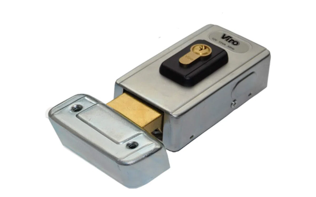 Cerradura electromecánica Viro para montaje horizontal, latón pulido y acero aleado, botón, desbloqueo con llave, rectangular, control táctil, seguridad de puertas o puertas