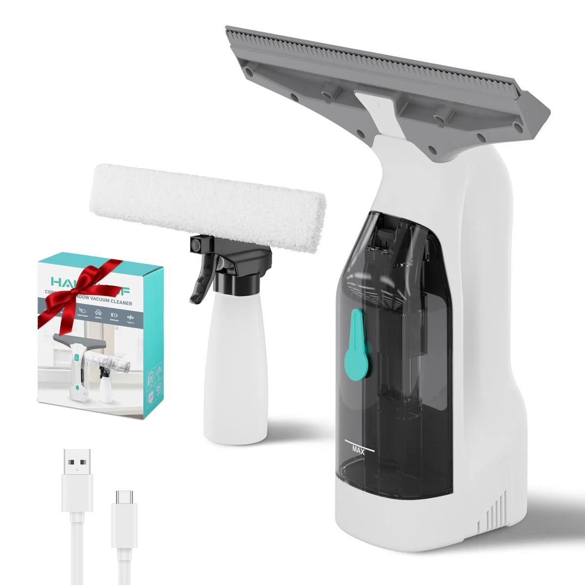HAUSHOF Limpiadora de Cristales con Potente Succión, Aspirador de Ventanas Eléctrico 30 Min de Autonomía, 280 mm de Limpieza con Boquilla Ajustable, Enchufe USB-C, para Ventanas, Azulejos y Espejos