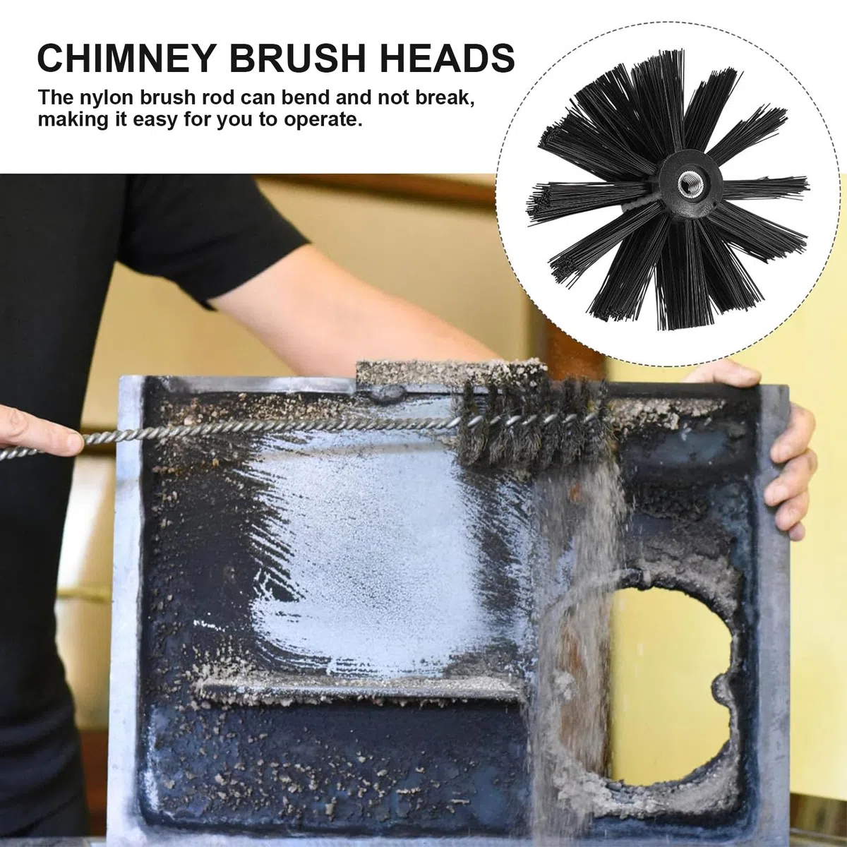 Cepillo Deshollinador de Chimenea con 9 Varillas, 2 Cabezales, Diámetro 150 mm, 1 Cinta Adhesiva - Kit de Limpieza para Chimeneas