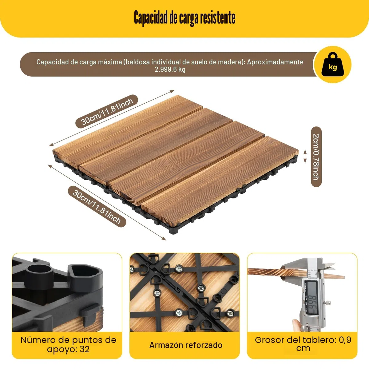 Lote de 36 baldosas entrelazadas de madera dura para patio, baldosas de suelo entrelazadas de madera maciza de alerce, dimensiones 30,3 x 30,3 x 2,3 cm, baldosas entrelazadas para terraza