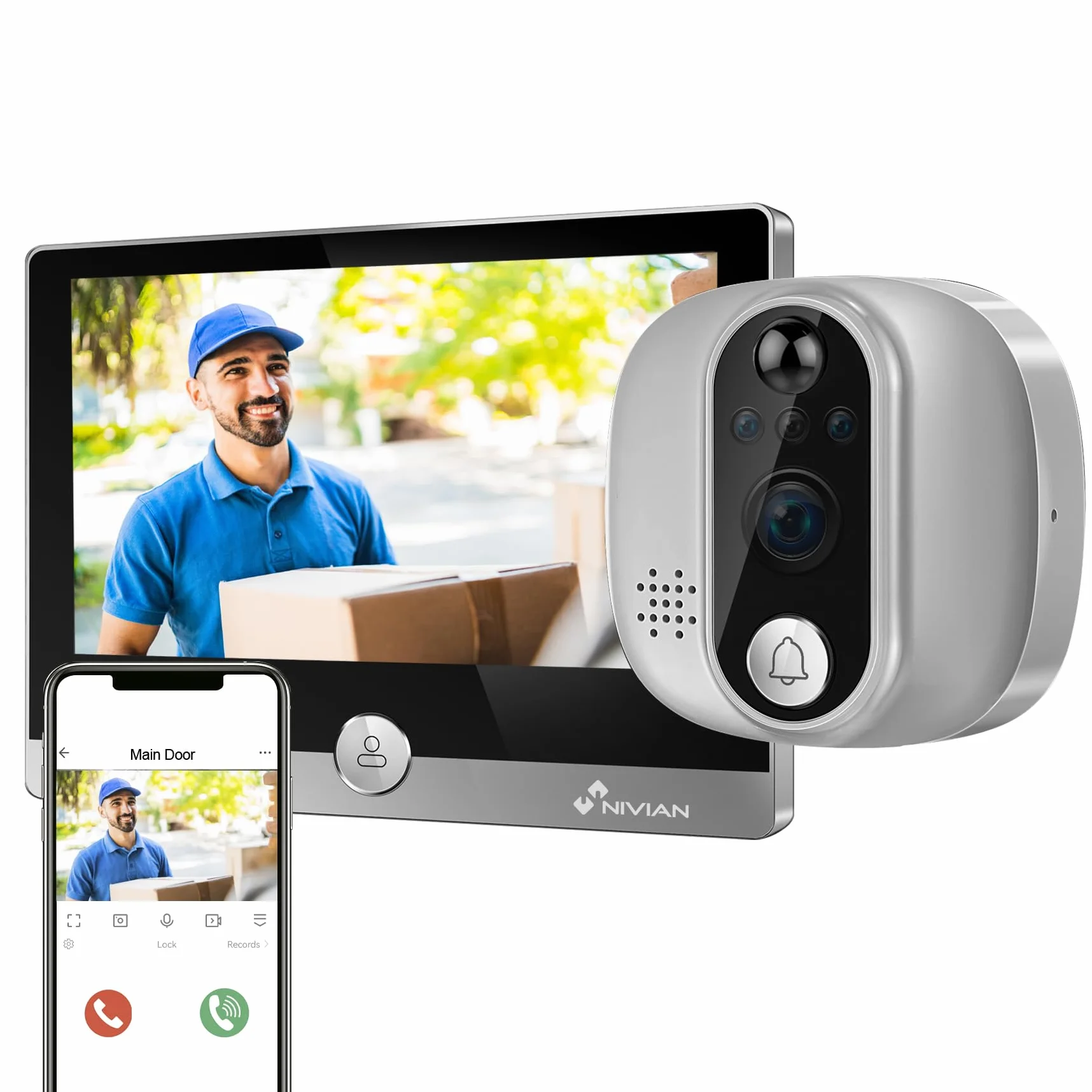 NIVIAN Mirilla Digital WiFi - Cámara vídeo Full HD con Batería y Timbre, Audio Bidireccional, Detección PIR y Visión Nocturna | App y Control por Smartphone