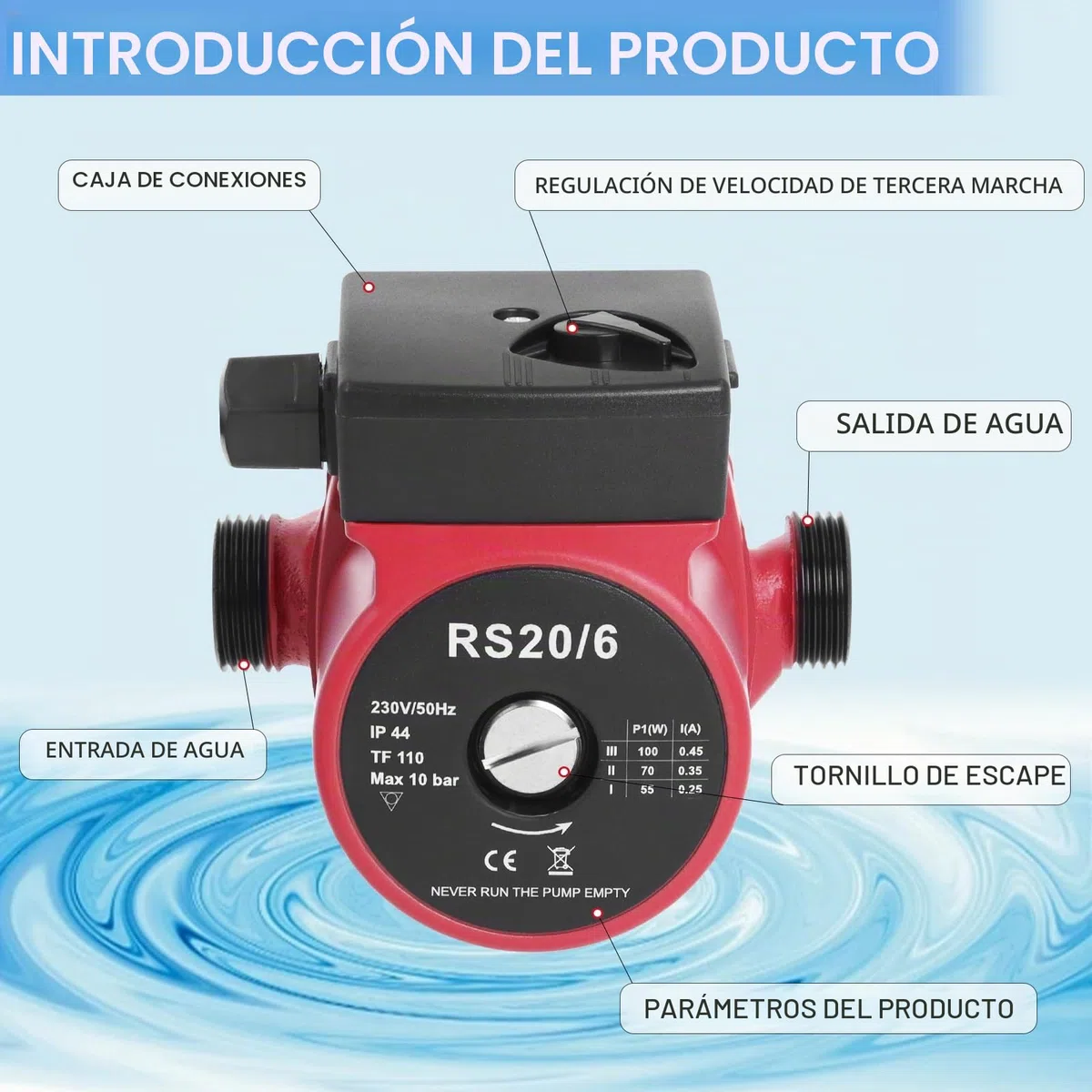 Bomba de Calefacción RS20-60/130mm para Calefacción Central y Calentadores de Agua Solar, Bomba de Circulación, Altura Máxima 6m, Funcionamiento Silencioso