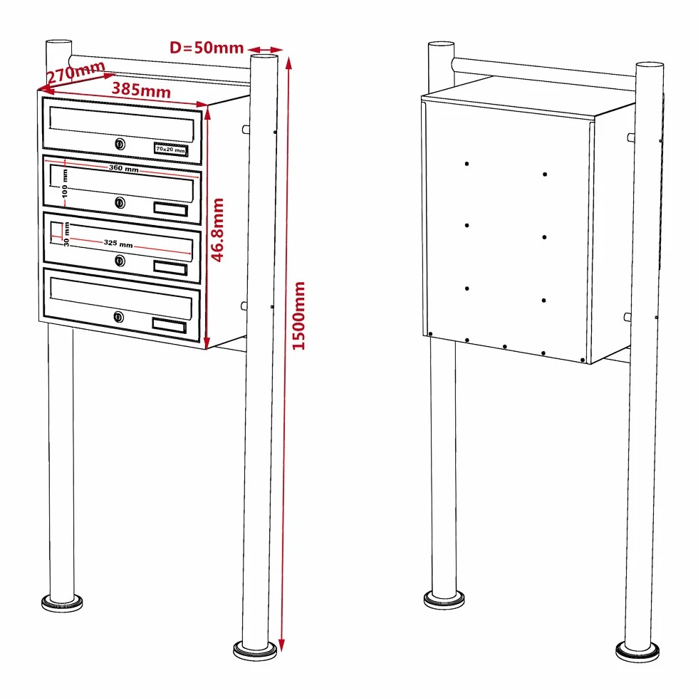 Wiltec Sistema de 4 buzones Color Blanco Acero galvanizado Resistente a la Intemperie con cerraduras de Cilindro y Llaves instalación Independiente Espacio Amplio para Cartas y Paquetes pequeños