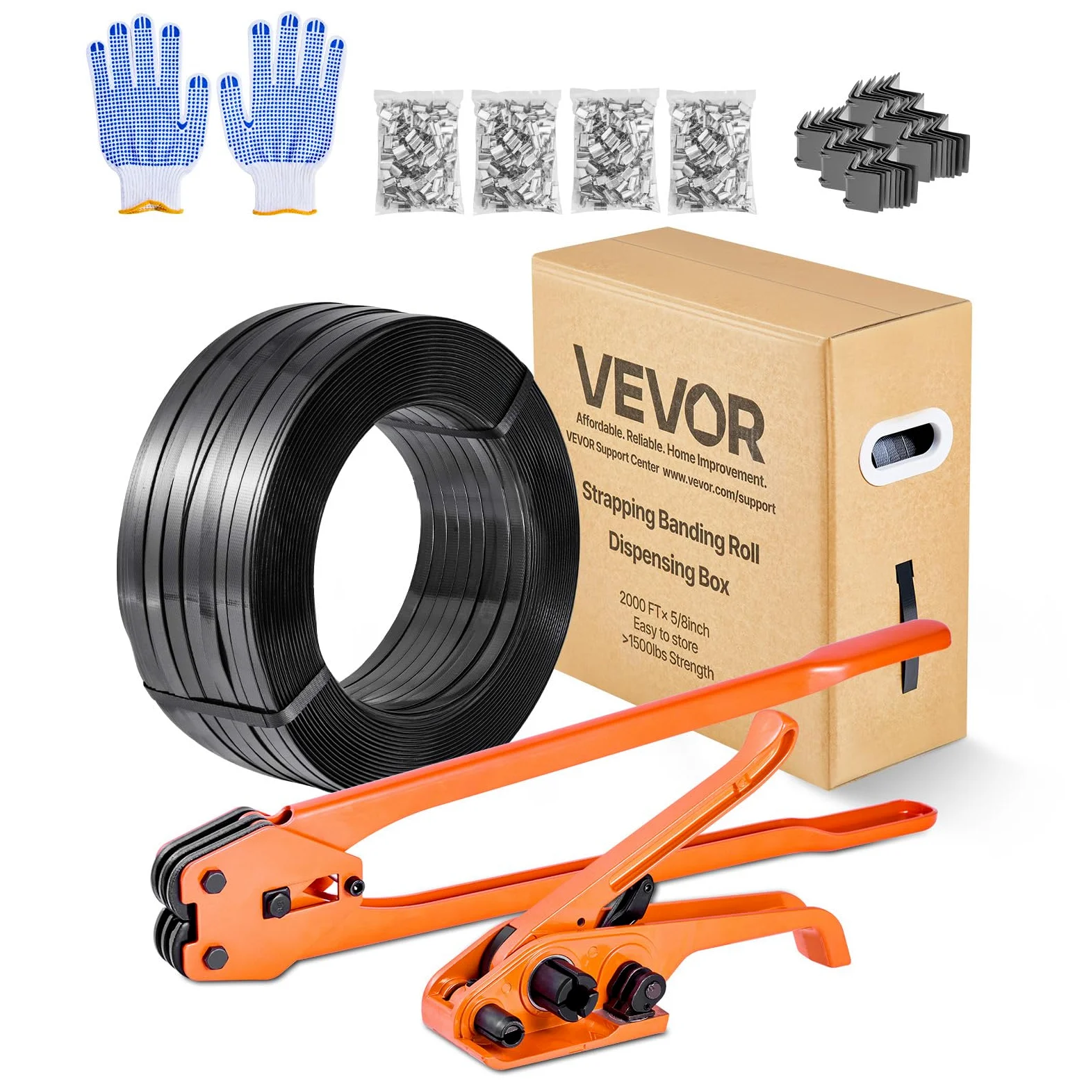 VEVOR Juego de Flejes Manuales Banda PET 15,9 mm x 610 m, Kit de Herramientas de Flejado con Tensor, Selladora, Guante, 600 Hebillas Metálicas, 200 Esquinas Protectoras, para Empaquetado Transporte