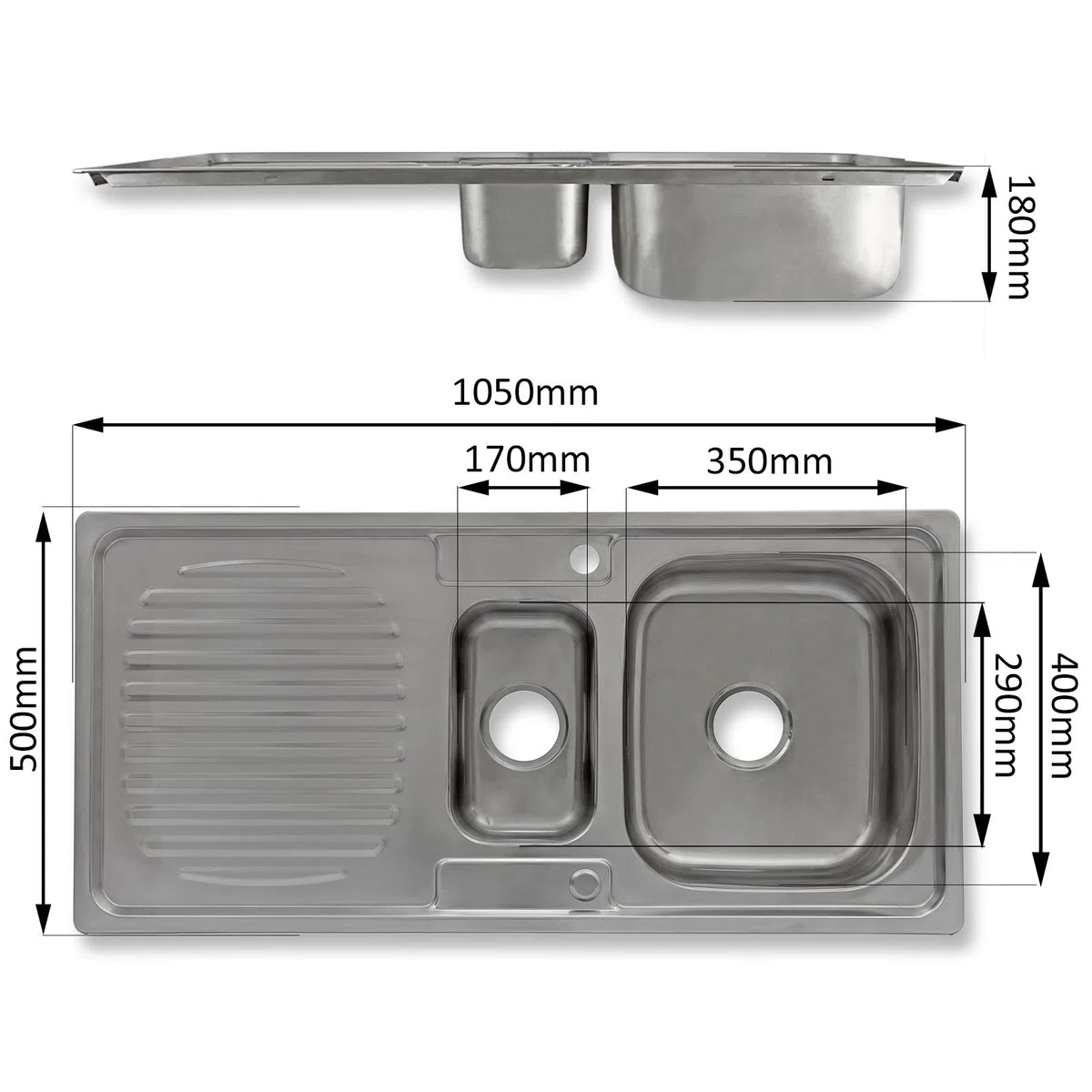 Fregadero de Acero Inoxidable KuKoo, Reversible 1.5 105cm x 18cm x 50cm | Kit de desagüe incluído