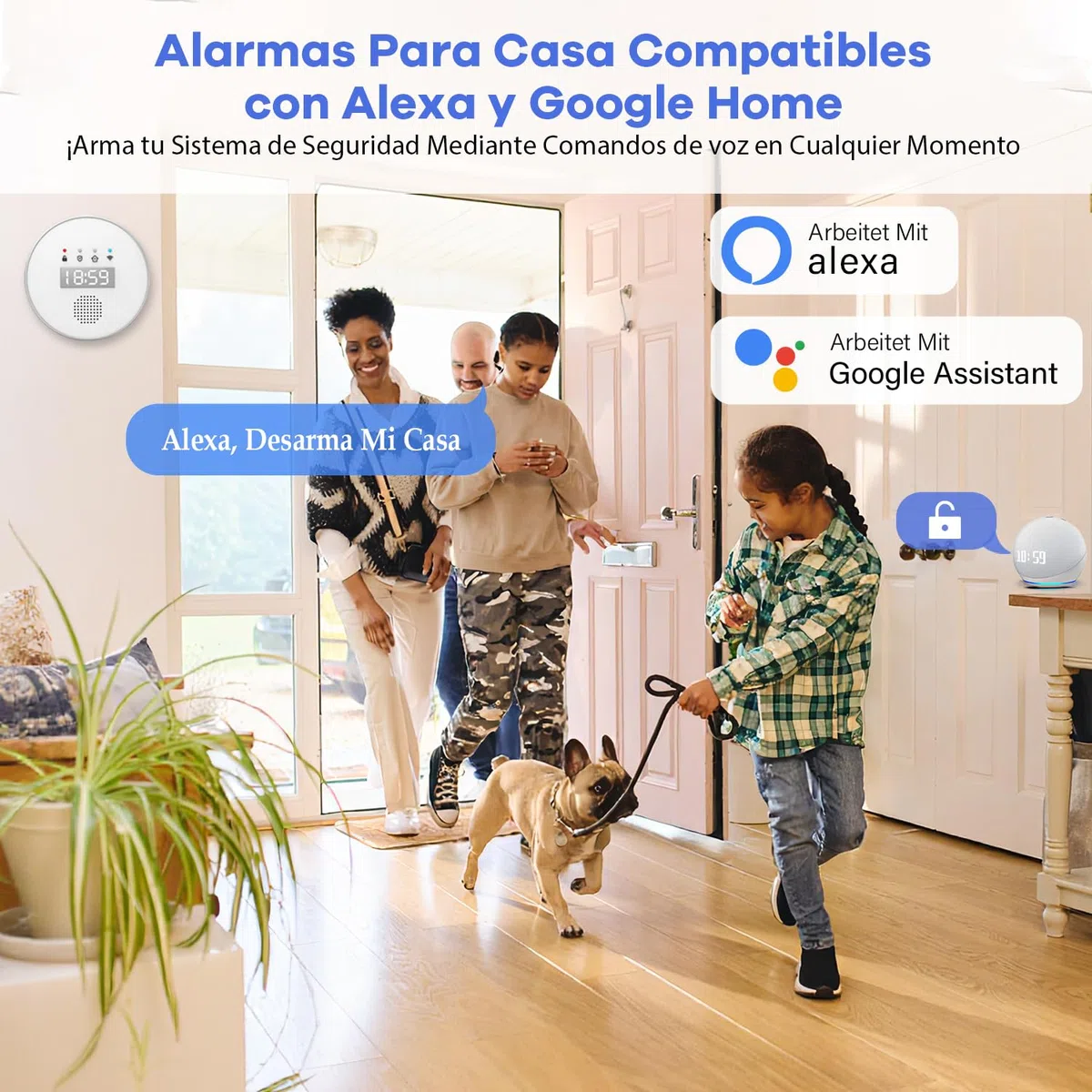 YISEELE Kit Alarma casa 5 GHz Wi-Fi: con Reloj y App Gratis - Completo 1 Sirena 125dB - 1 PIR Anti-Mascotas - 10 Sensores Puerta/Ventana - 2 Mandos - 1 Central - Compatible con Alexa y Google Home