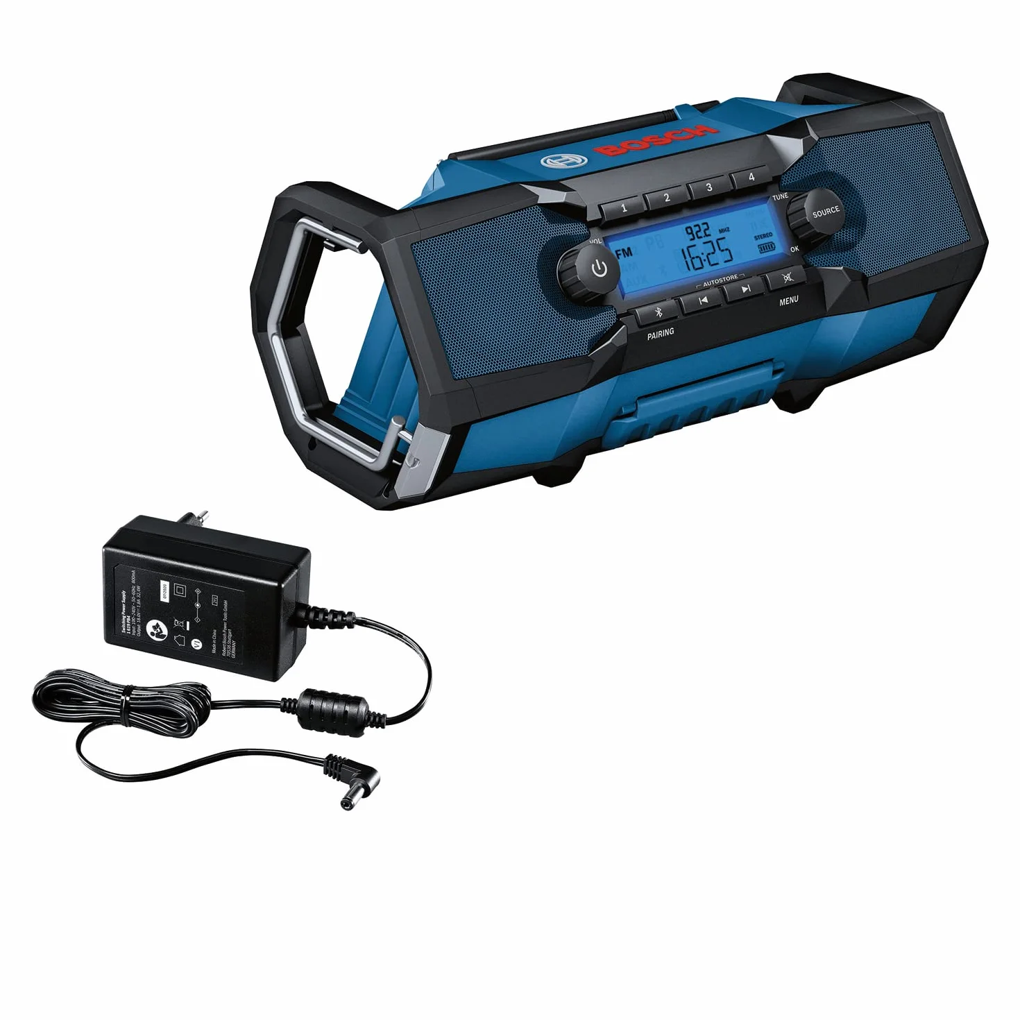 Bosch Professional 18V System radio de obra a batería GPB 18V-2 C (receptor Bluetooth, FM y AUX, incl. 1 fuente de alimentación, 1 cable AUX, 1 pila de botón de litio de 3 V)