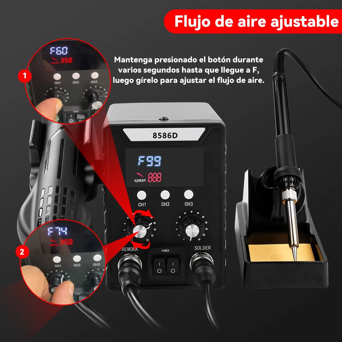 8586D Estación de Soldadura, estación de soldadura de aire caliente 2 en 1 con Pantalla LCD, temperatura ajustable de 180 ℃ a 500 ℃ con 3 boquillas de aire para trabajos eléctricos