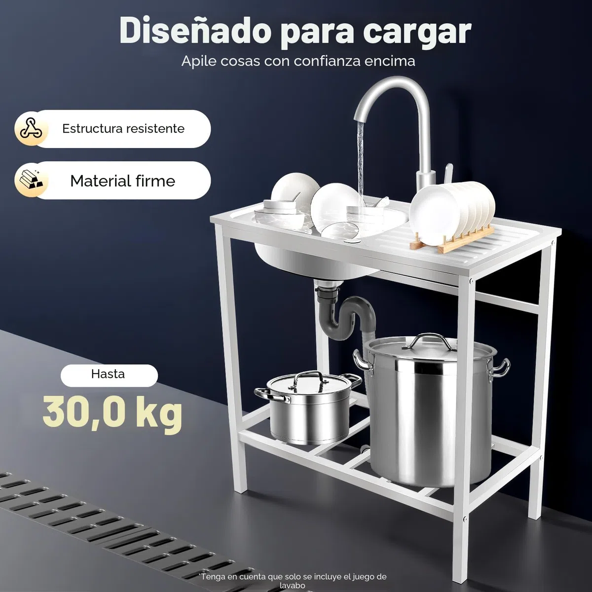 Pila exterior independiente de acero inoxidable con grifo y mueble bajo, 75x40x75 cm. Gran fregadero con superficie de goteo para jardín, garaje, camping, taller, exterior