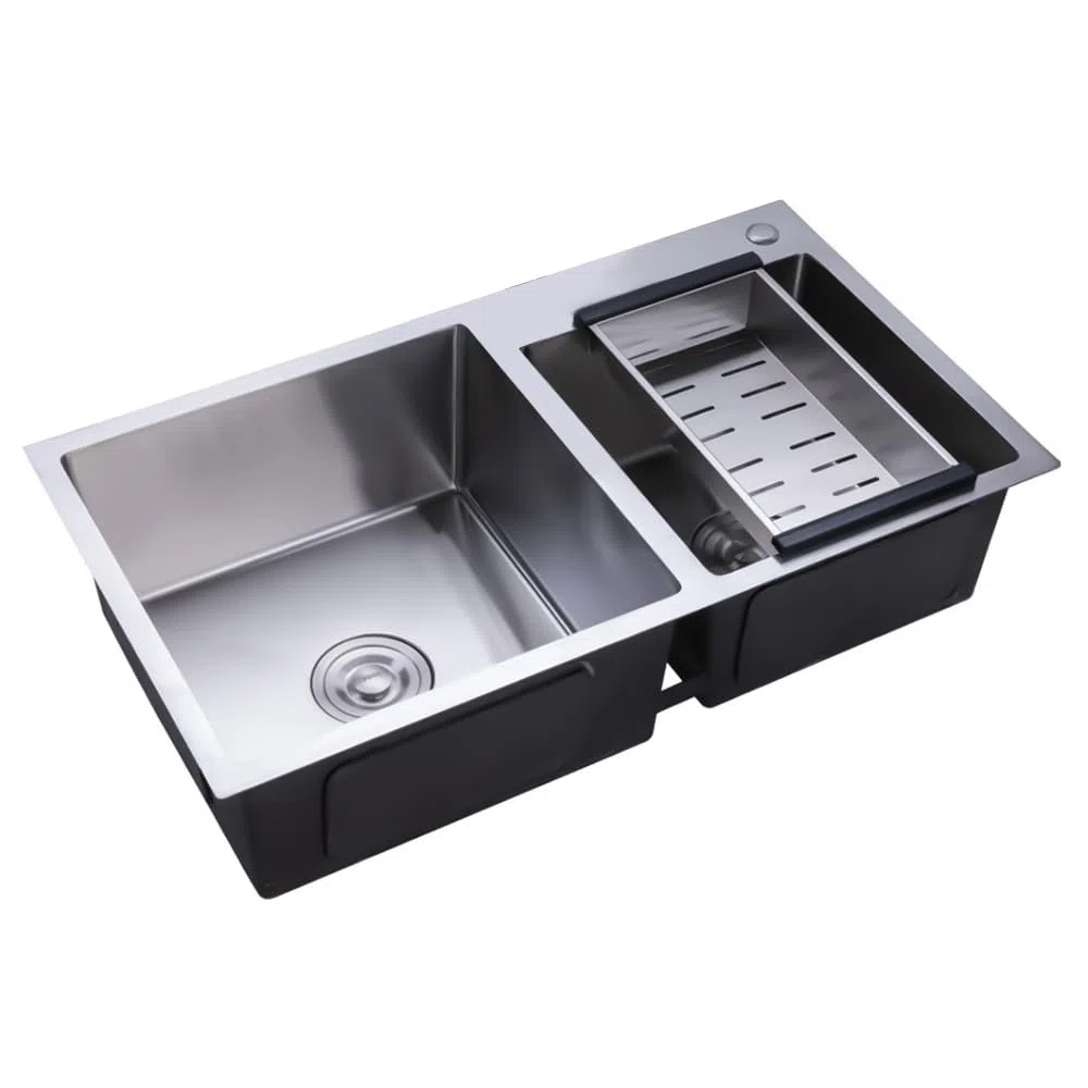 Fregadero de cocina doble de acero inoxidable cepillado con escurridor, fregadero doble, 78 x 43 x 21 cm