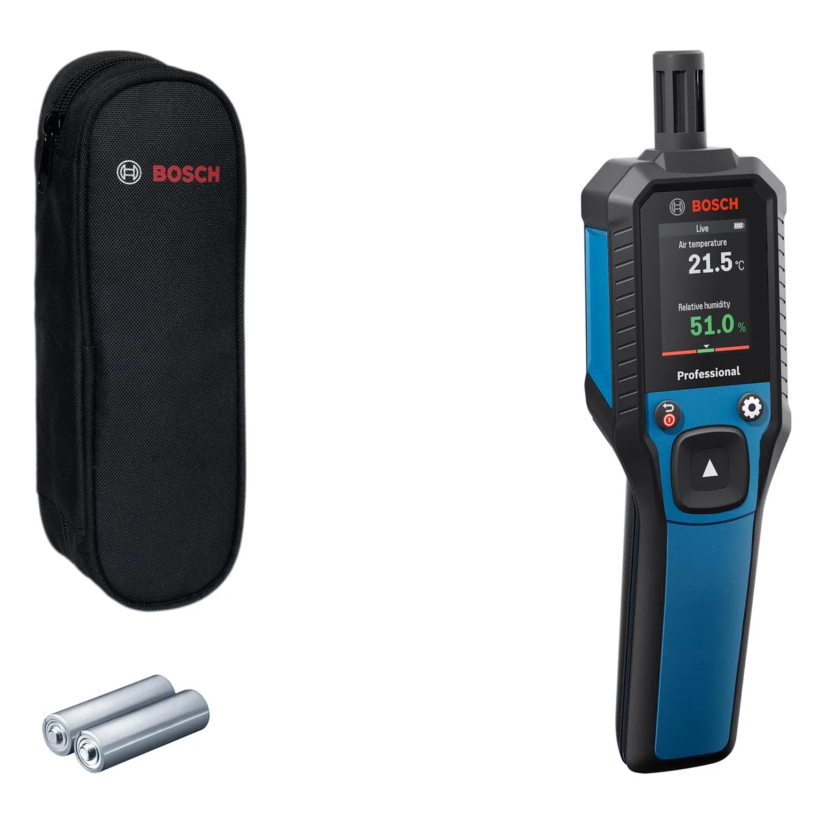 Termohigrómetro GDH 1-17 de Bosch Professional (lecturas en tiempo real, pantalla LCD a color de alto contraste, clasificación IP65, carcasa de goma, 2 pilas AA, bolsa)