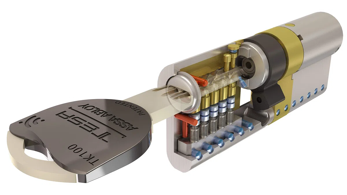 Tesa Assa Abloy, TK1B3030L, Cilindro de Alta Seguridad, TK100, Doble Embrague, Leva Larga, Llave - Botón, Latonado, 30 x 30 mm
